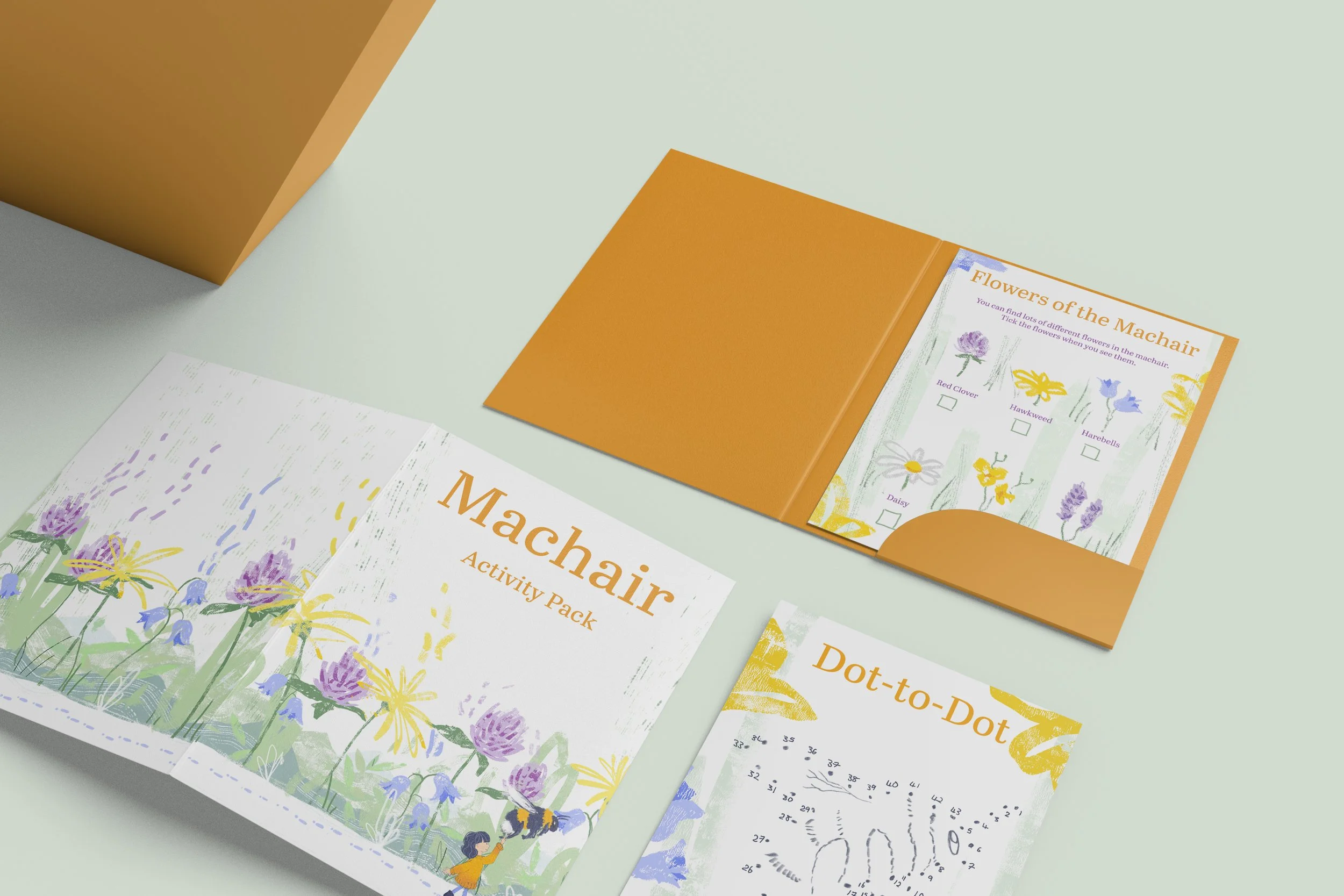 Children's activity pack themed around flowers and nature, including an activity book titled 'Mochair Activity Pack', a sheet titled 'Flowers of the Machair' with different flower illustrations and checkboxes, and a dot-to-dot sheet with floral outli