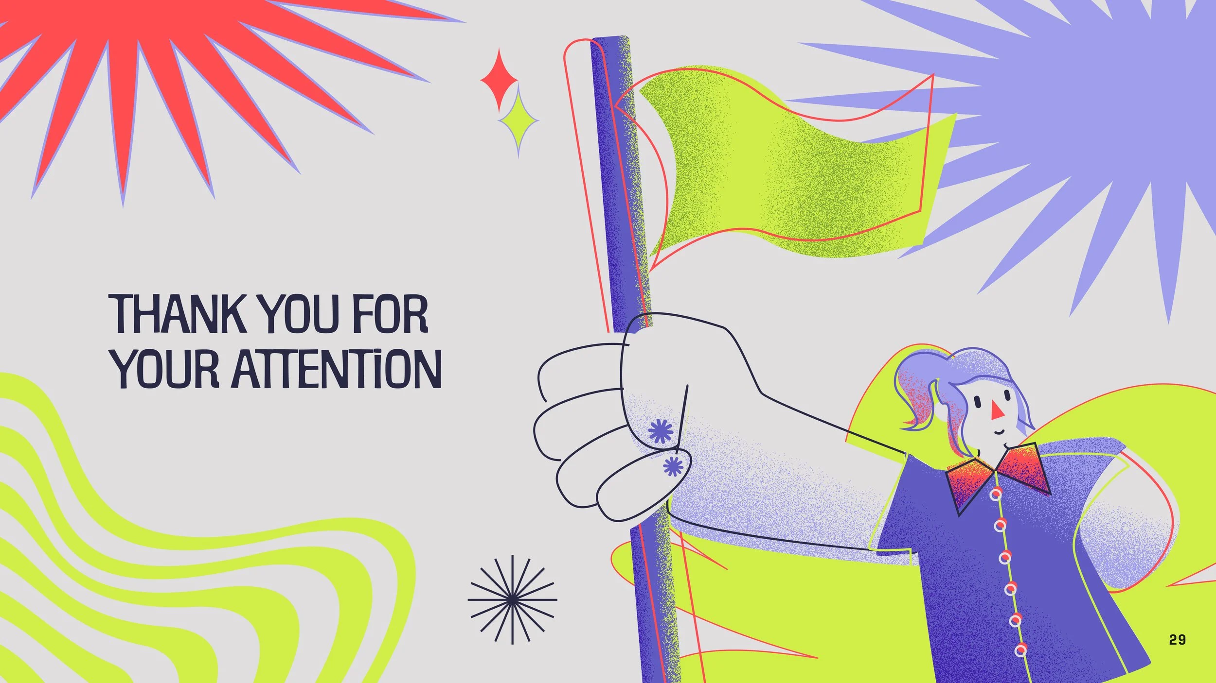 Digital illustration of a person holding a flag with a thank you message, surrounded by abstract colorful shapes and starburst patterns.