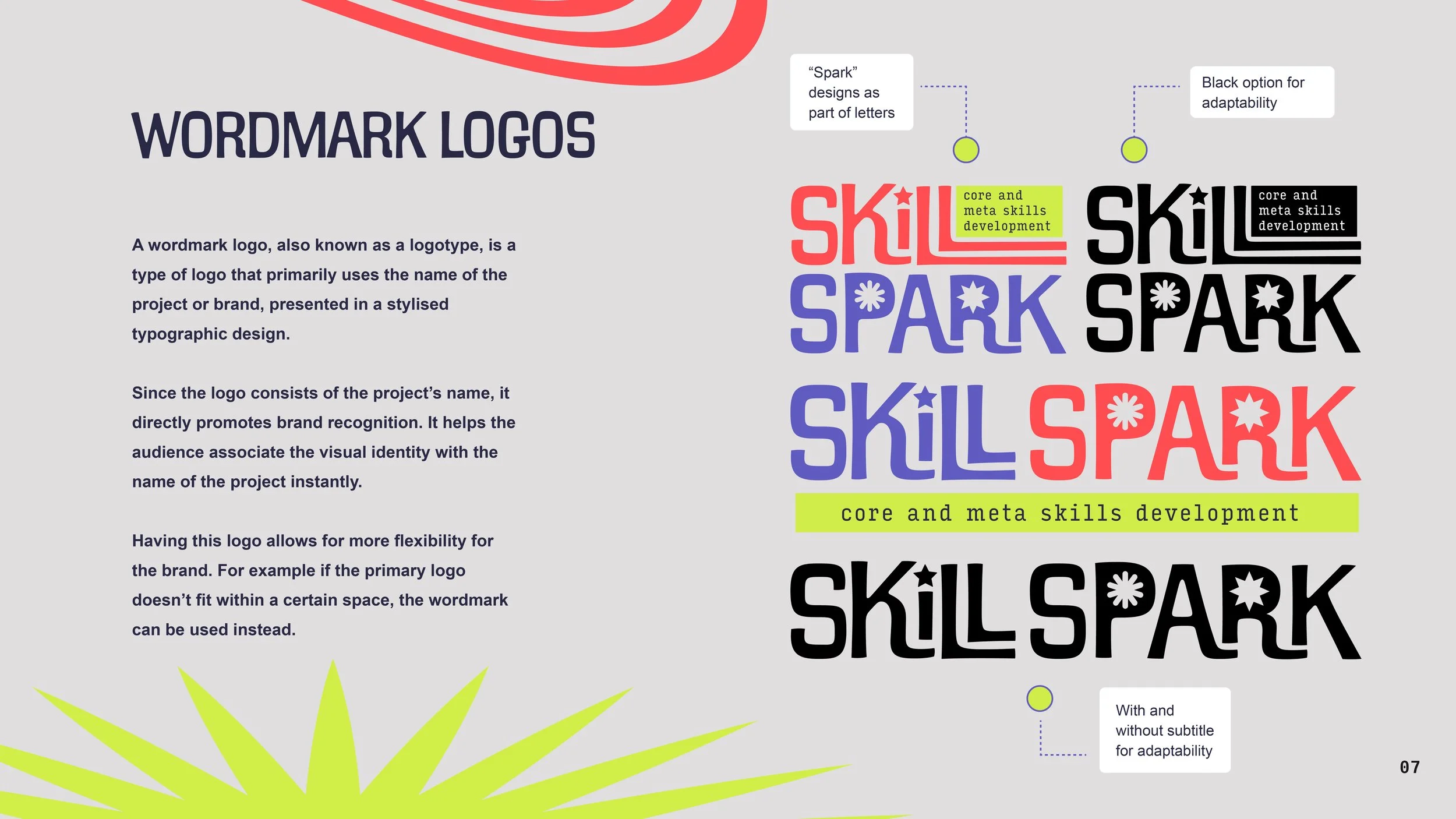 An infographic explaining wordmark logos with examples of different styles of the word 'Skill' and 'Spark' in various colors and typography. The text describes the purpose and flexibility of wordmark logos in branding.