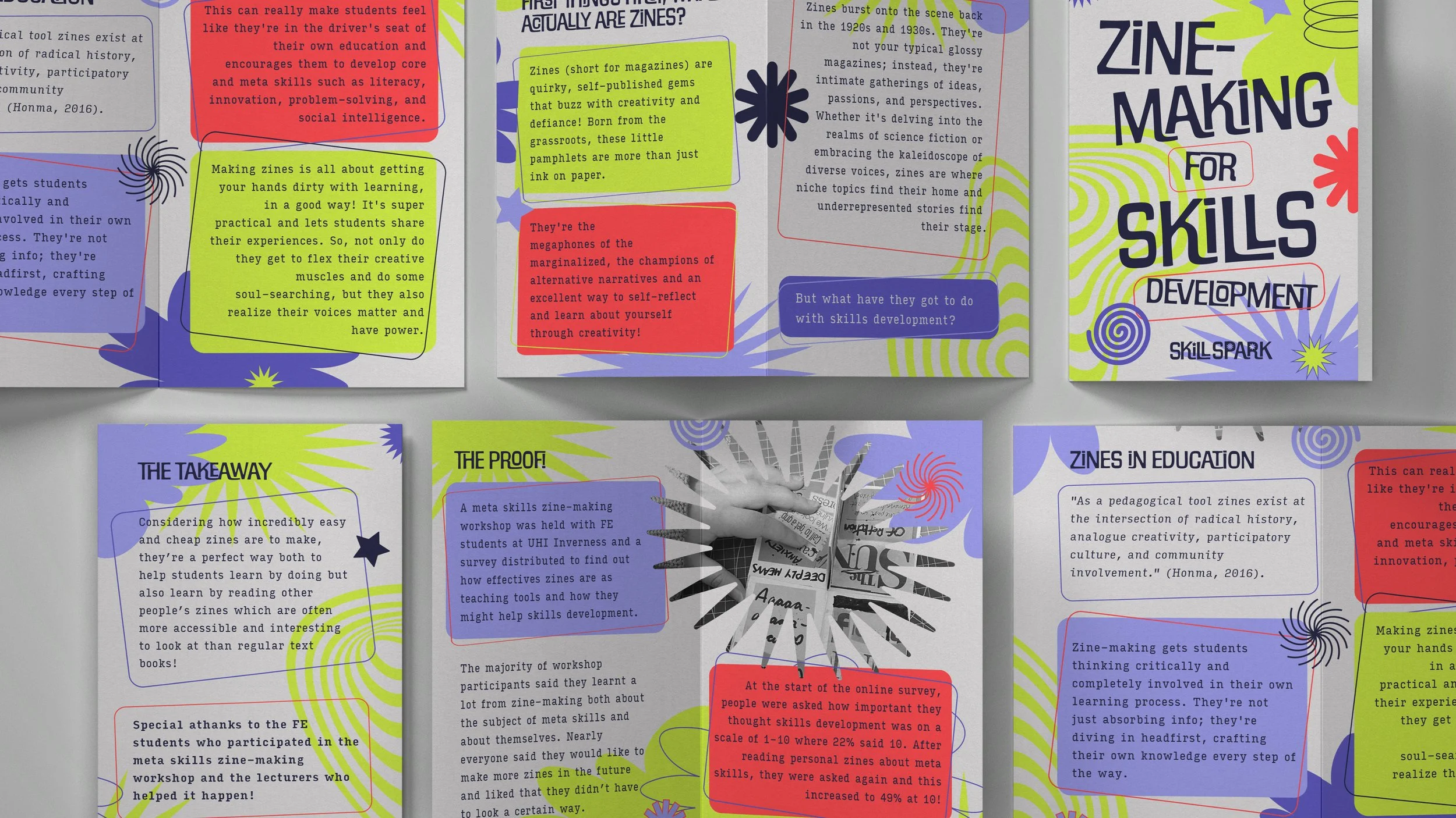 Colorful infographic pages about zine-making, education, and skills development, featuring text blocks in various colors with graphics and doodles.