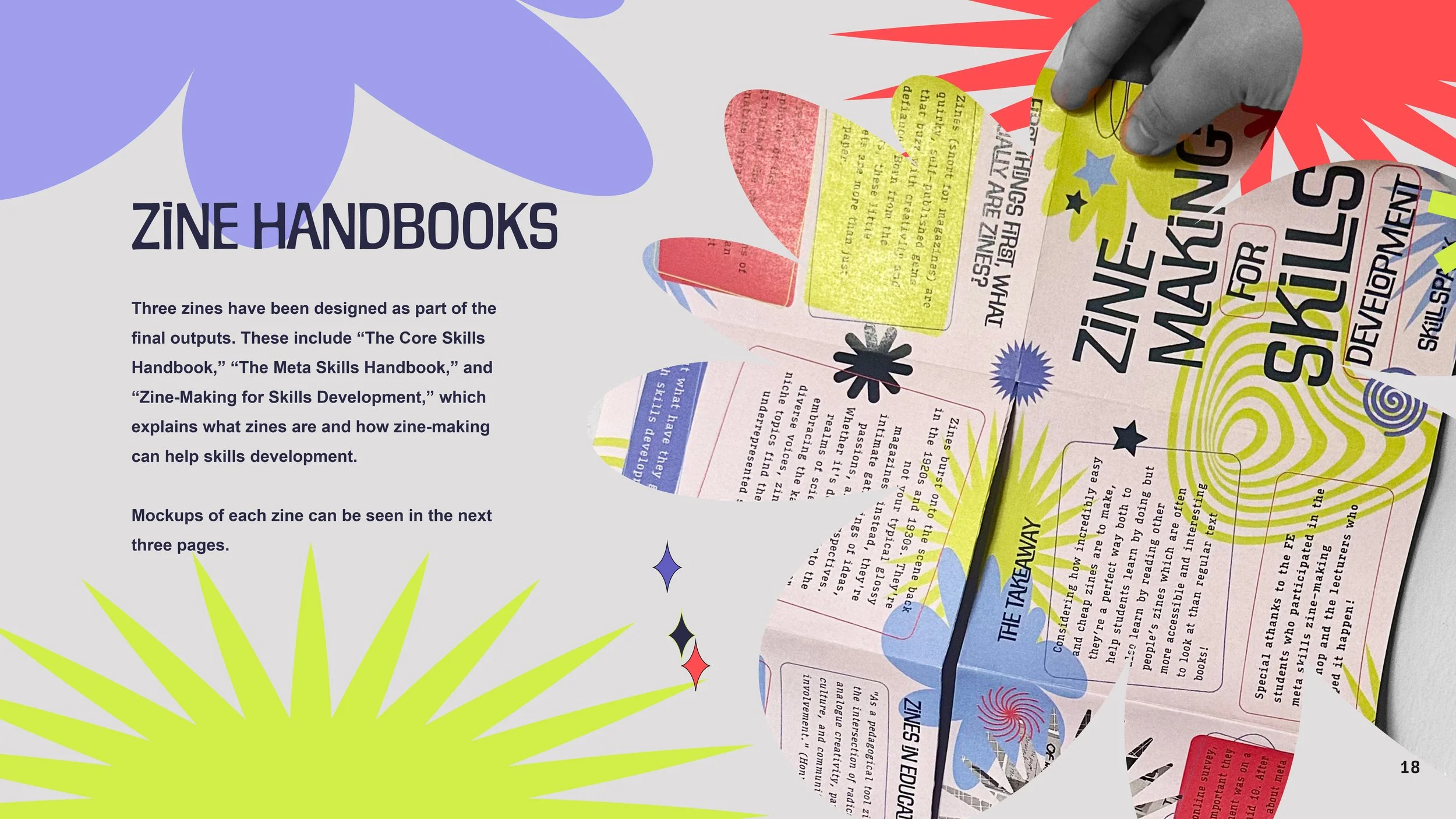 Illustration of a colorful magazine or zine page with text and graphic elements including flowers, stars, and abstract shapes. A black pen and a hand are also visible.