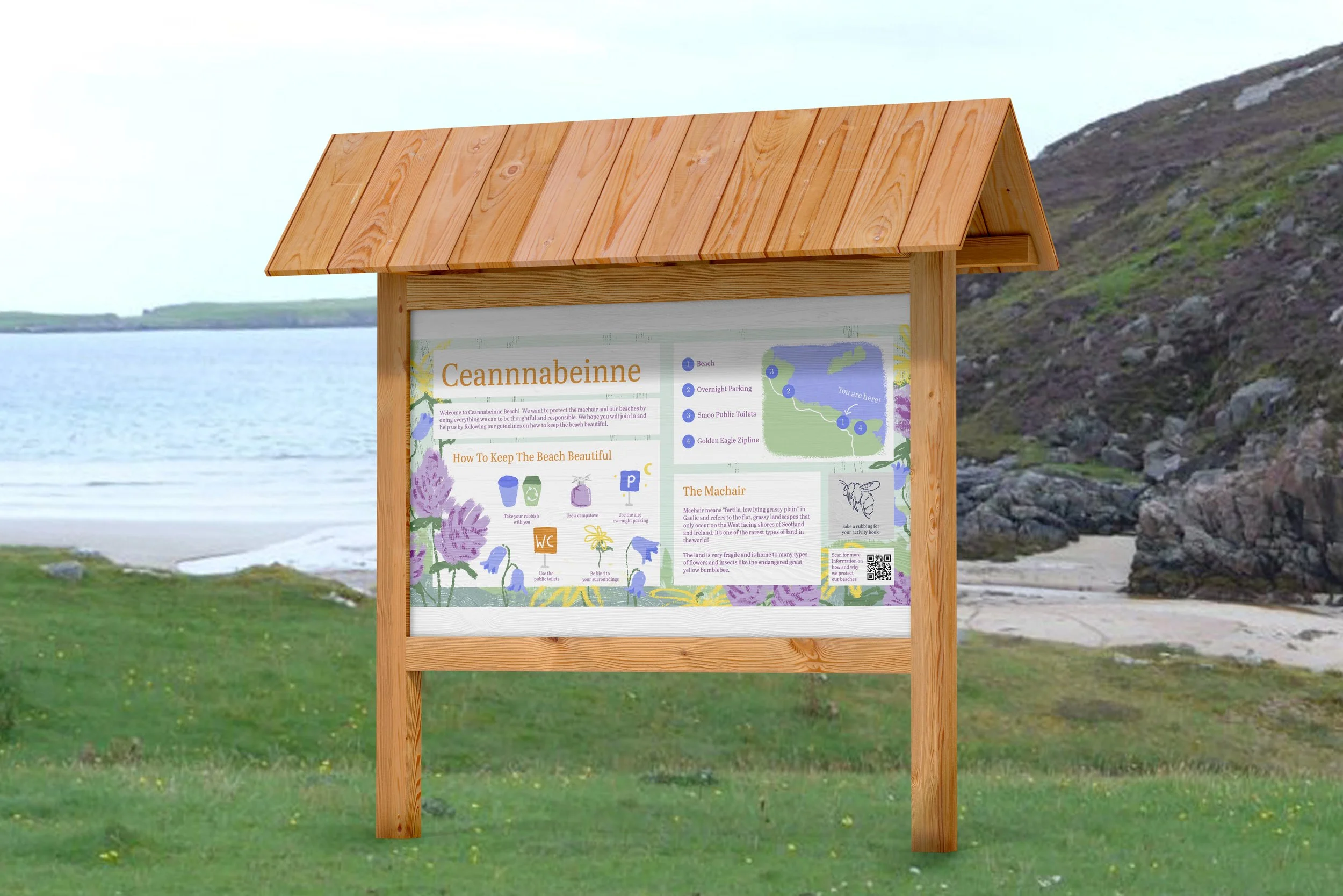 An informational signboard about Ceannabeinne beach, located near the coast with grassy terrain, rocks, and hills in the background. The sign provides details on how to keep the beach beautiful, nearby facilities, and a map of the area.
