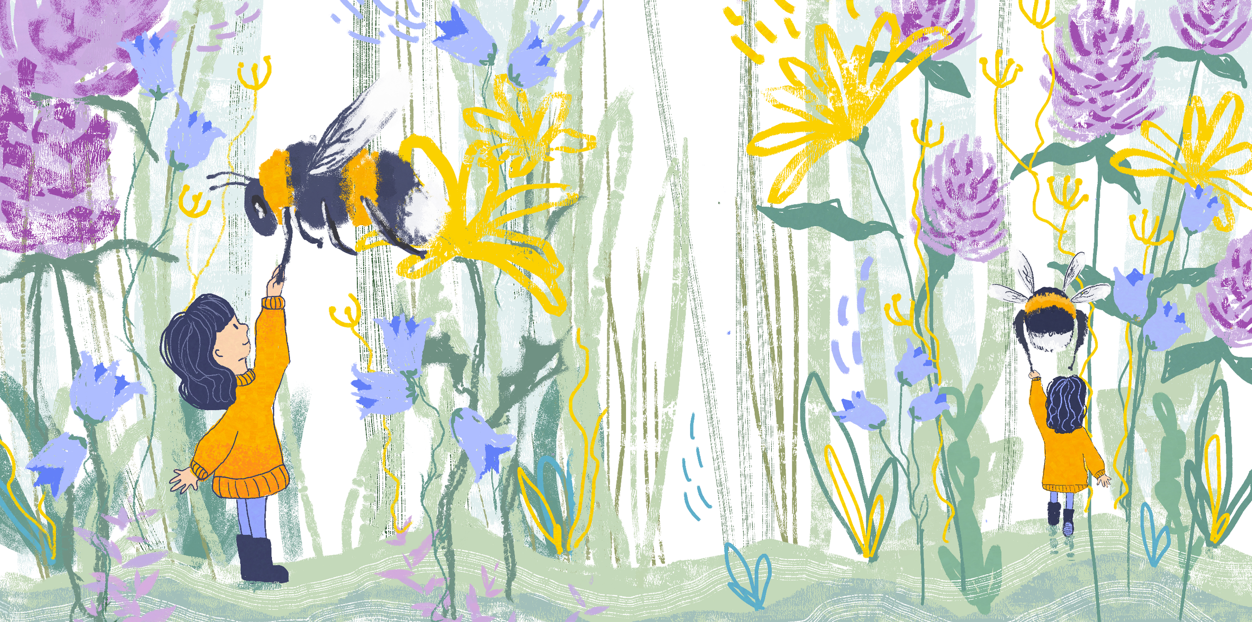 Children in orange sweaters reaching toward bees flying among purple and yellow flowers in a lush garden.