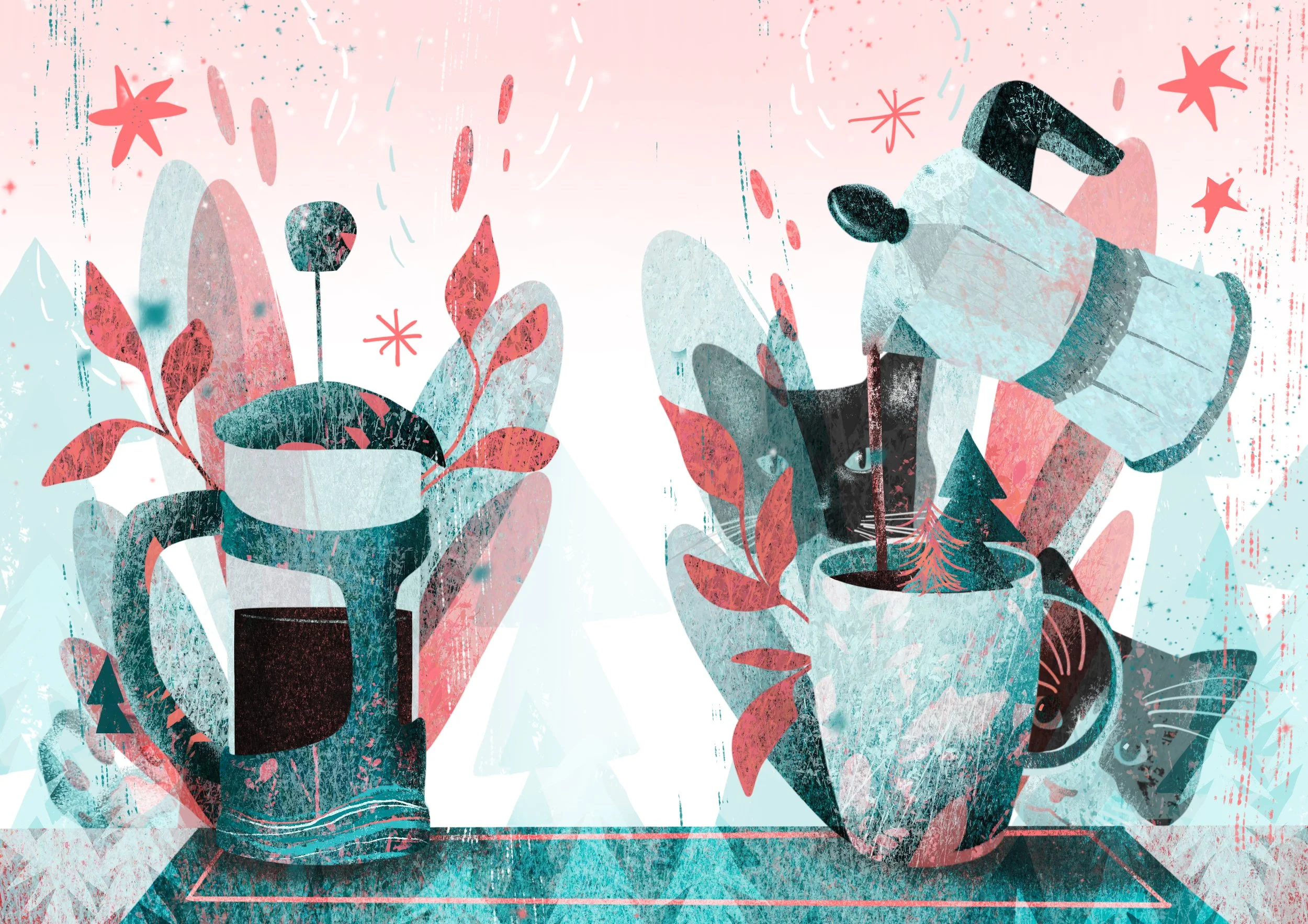 A stylized, abstract digital illustration of potted plants, a coffee mug, and a moka pot with a cat's face inside the mug, set on a table with a decorative border, surrounded by star and tree shapes, in pastel shades of pink, blue, and teal.