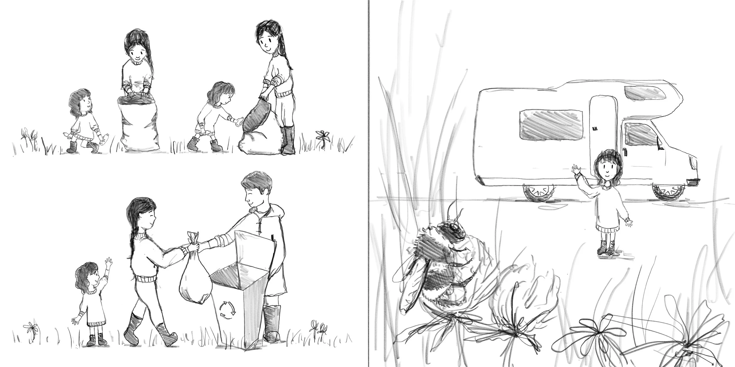 Children and adults participating in outdoor activities like picking up trash and catching insects, with a girl waving near a camper, all depicted in a black and white sketch.