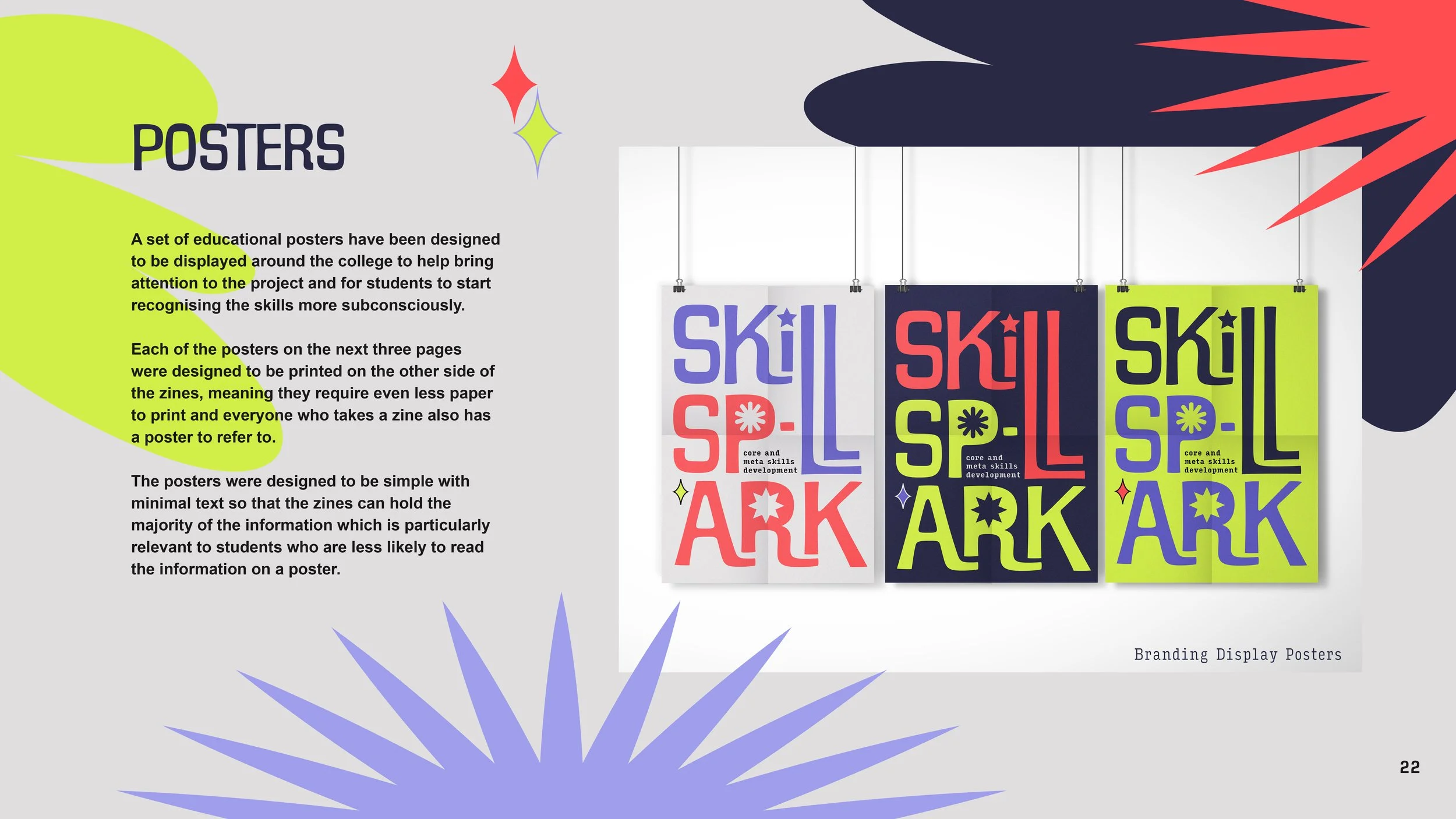 Display of three colorful branding posters with the words 'SKILLS' and 'ARK' on each, hung on a wall in a row, with decorative stars around them.