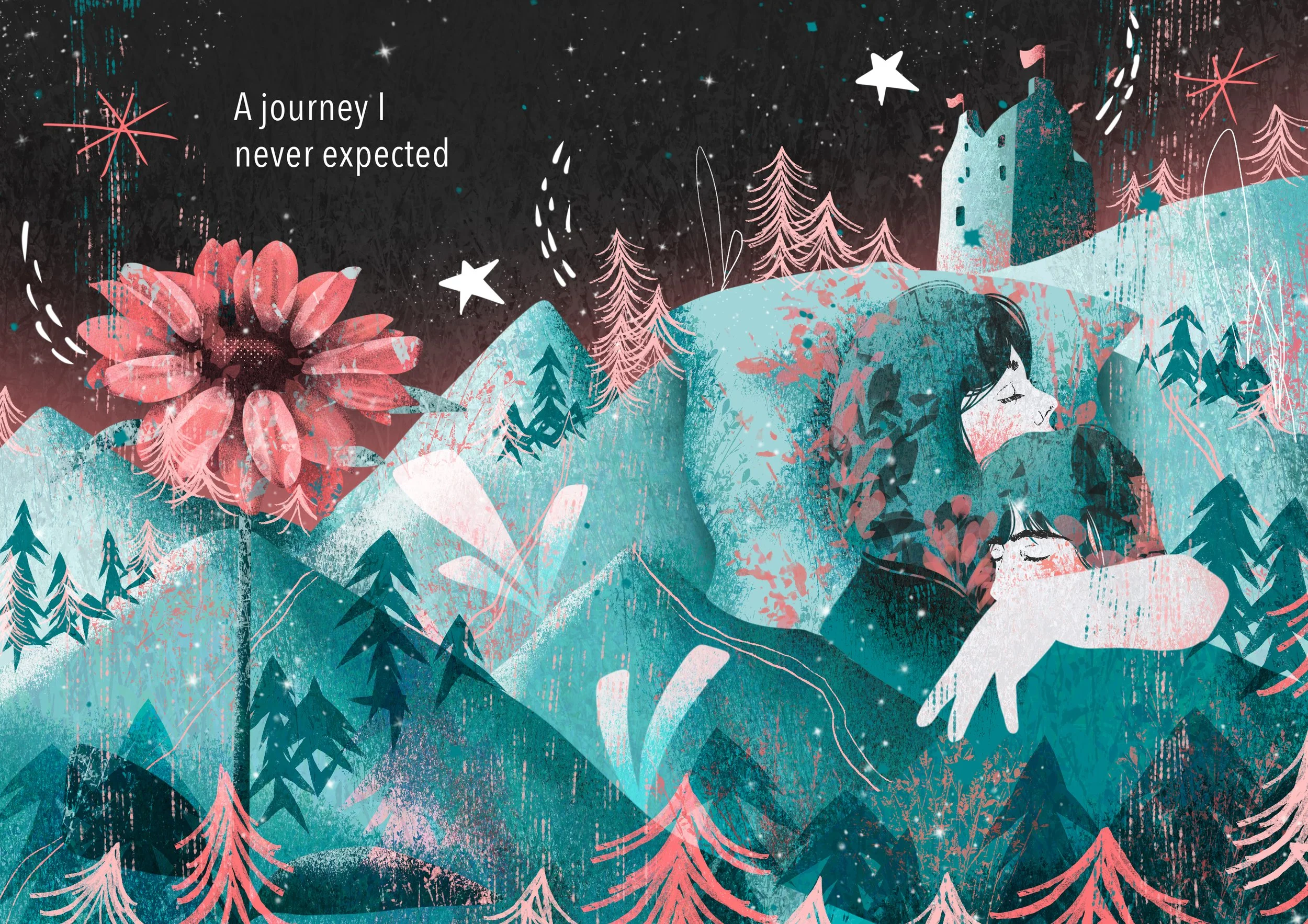 An illustration showing two people cuddling on a mountain near a large pink flower with a dark starry sky in the background. The scene includes pink and teal trees and decorative star elements, with text that reads "A journey I never expected."