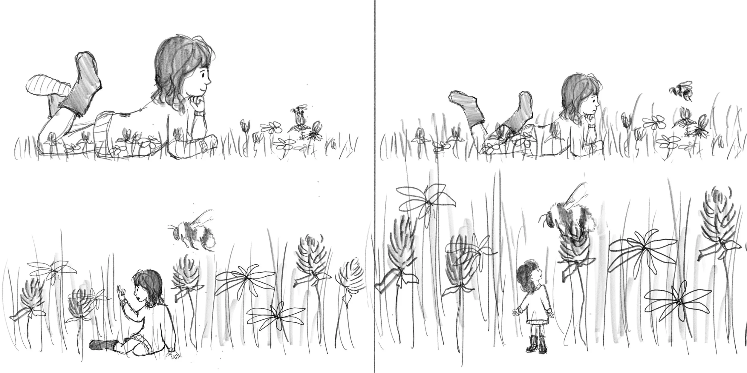 Sketch of a girl lying on her stomach in a field of flowers, looking at a bee. Inset: Girl sitting among flowers, reaching out to a bee, and standing holding a flower, all in a field of flowers.