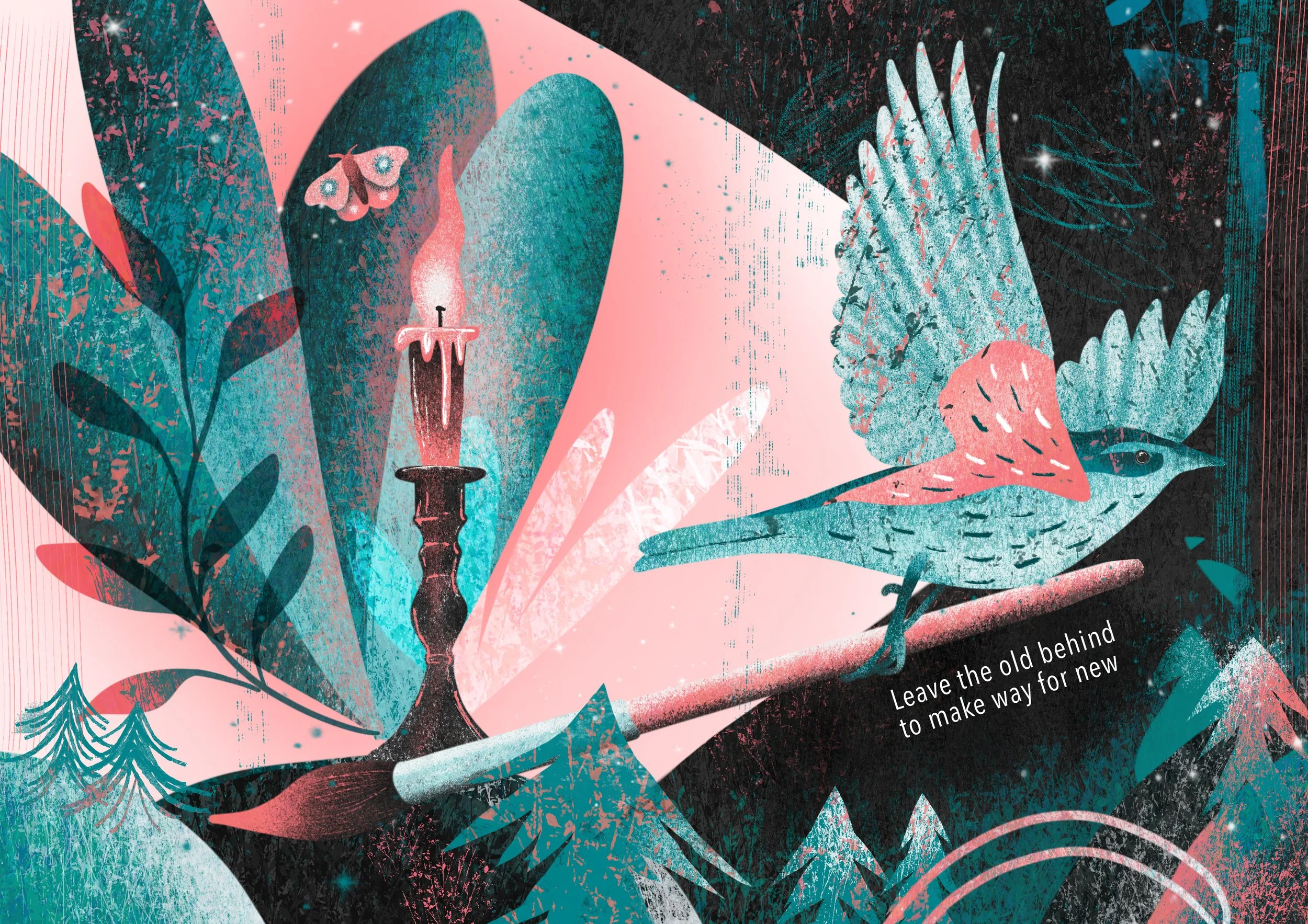 A stylized digital artwork featuring leaves, a moth, a hummingbird, and a lit candle on a branch with the quote 'Leave the old behind to make way for new'.