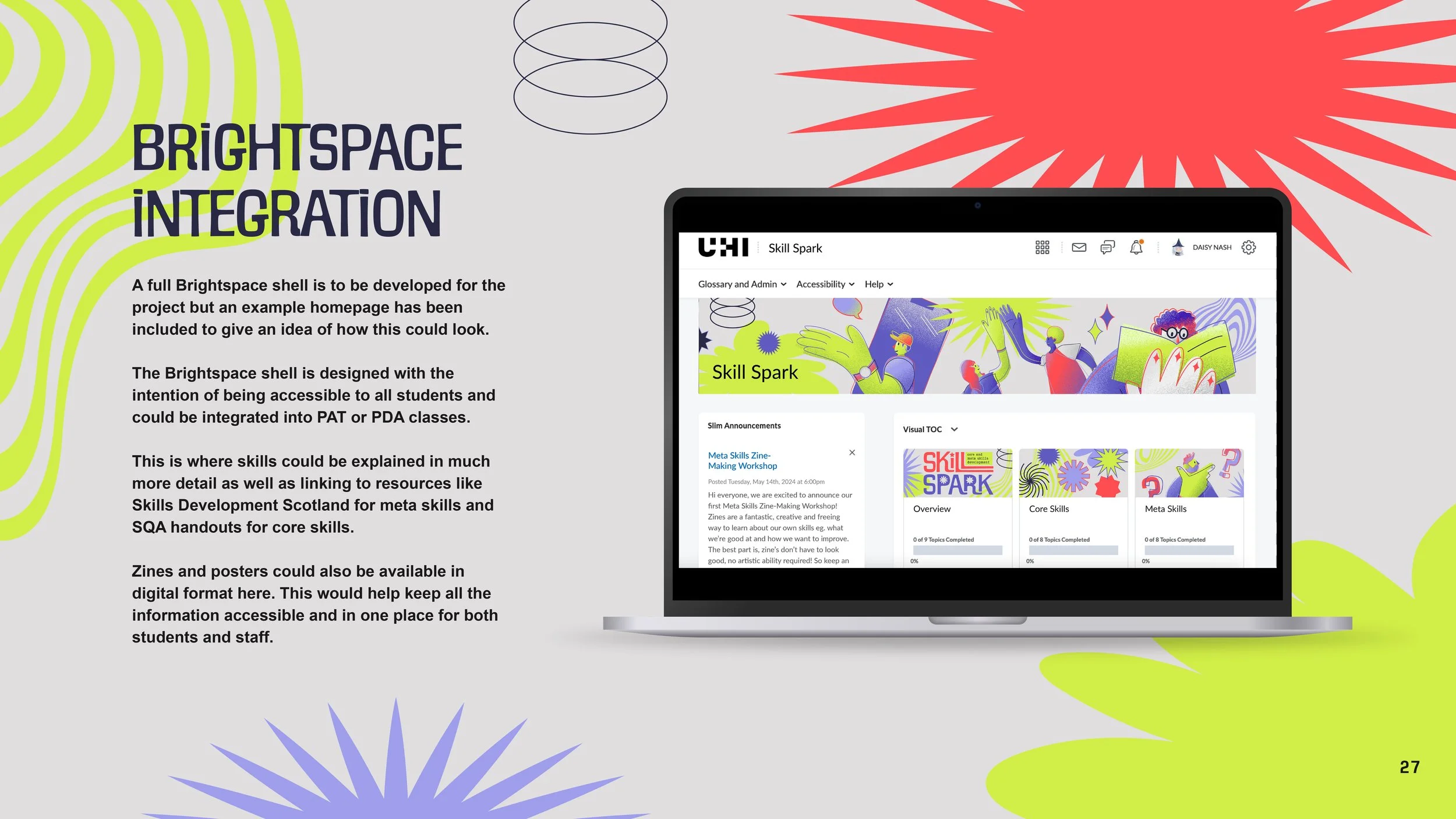 An open laptop displaying a Brightspace course homepage titled 'Skill Spark' with colorful illustrations and text.