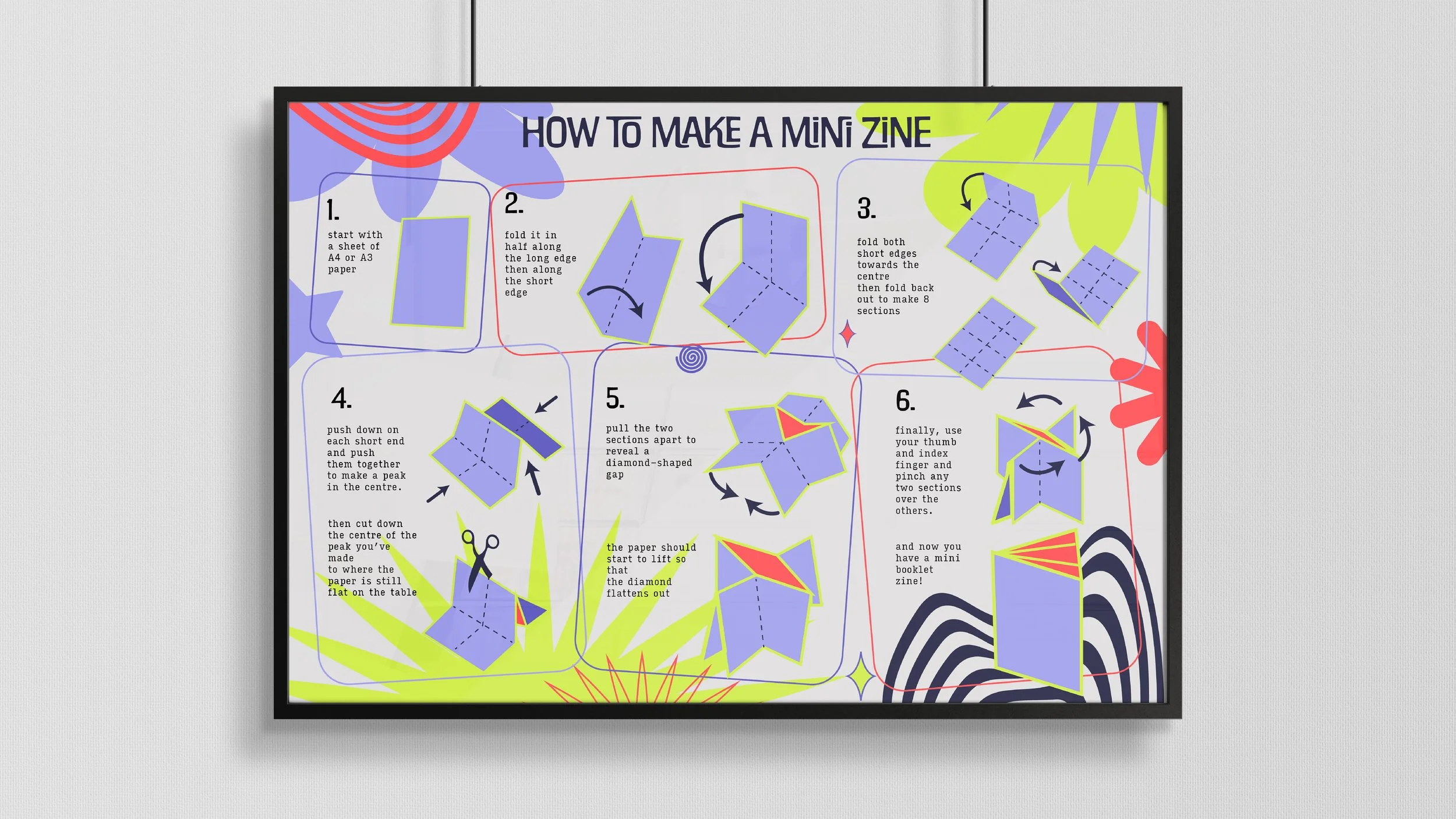 Step-by-step illustrated instructions to make a mini zine, with colorful text and graphics, on a white background.