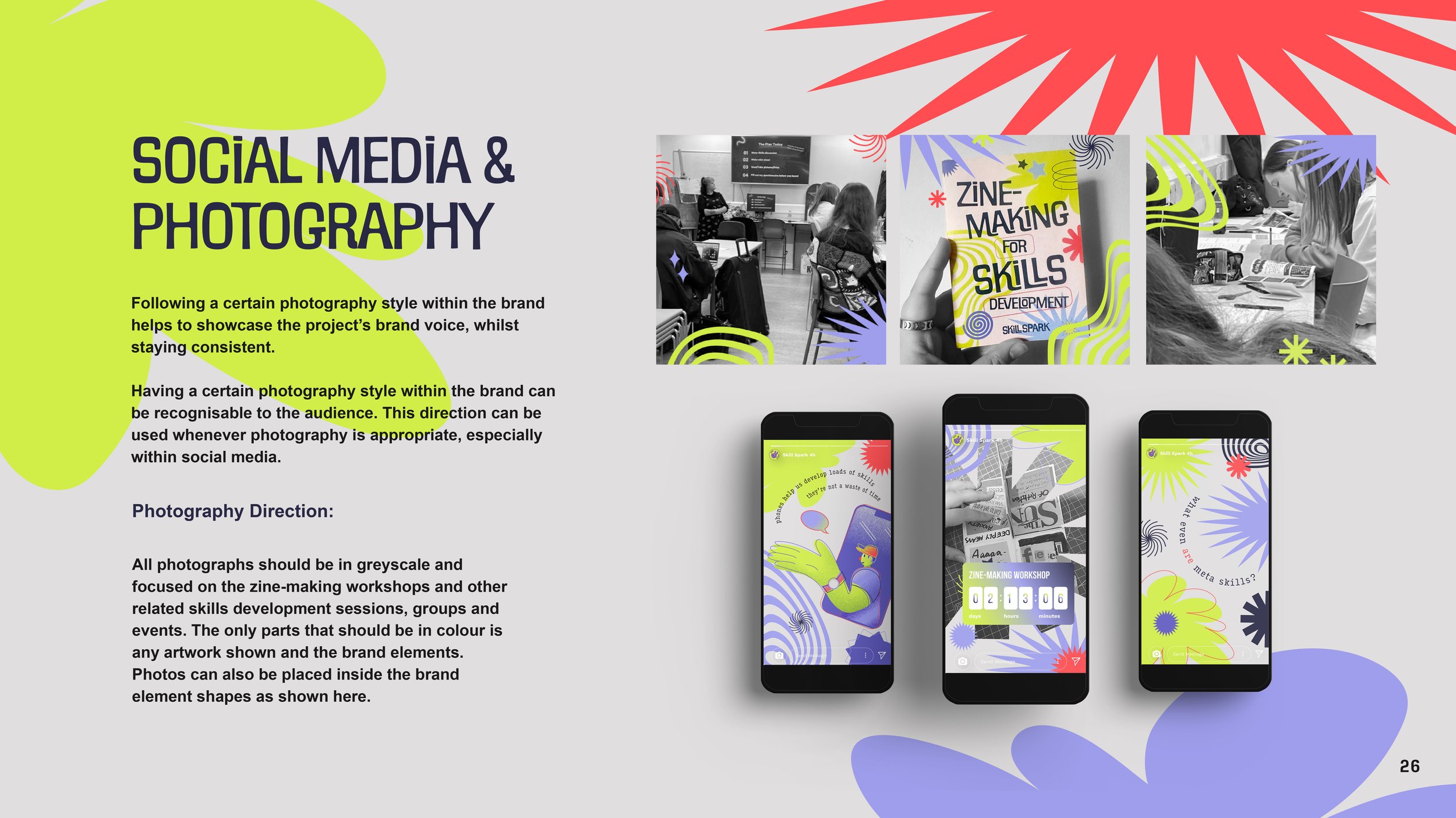 A presentation slide titled 'Social Media & Photography' with text explaining the importance of a consistent photography style within a brand, showing examples of black-and-white class photographs, a booklet cover, and colorful photos of smartphones 