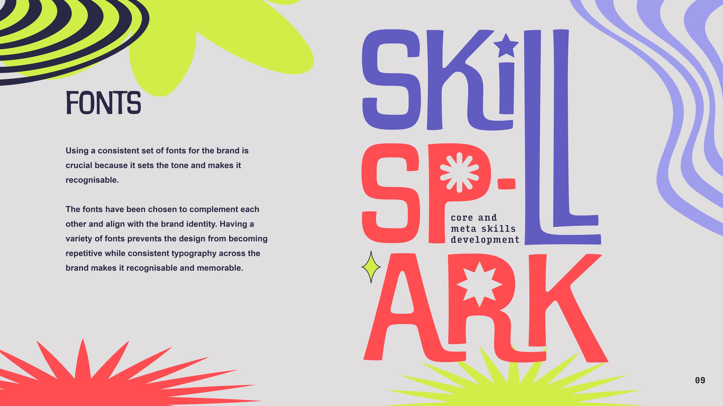 Page from a design guide with the title 'FONTS' and text about typography. The right side features colorful, stylized words 'SKILL', 'SPL', 'ARK', with decorative shapes and wavy lines.