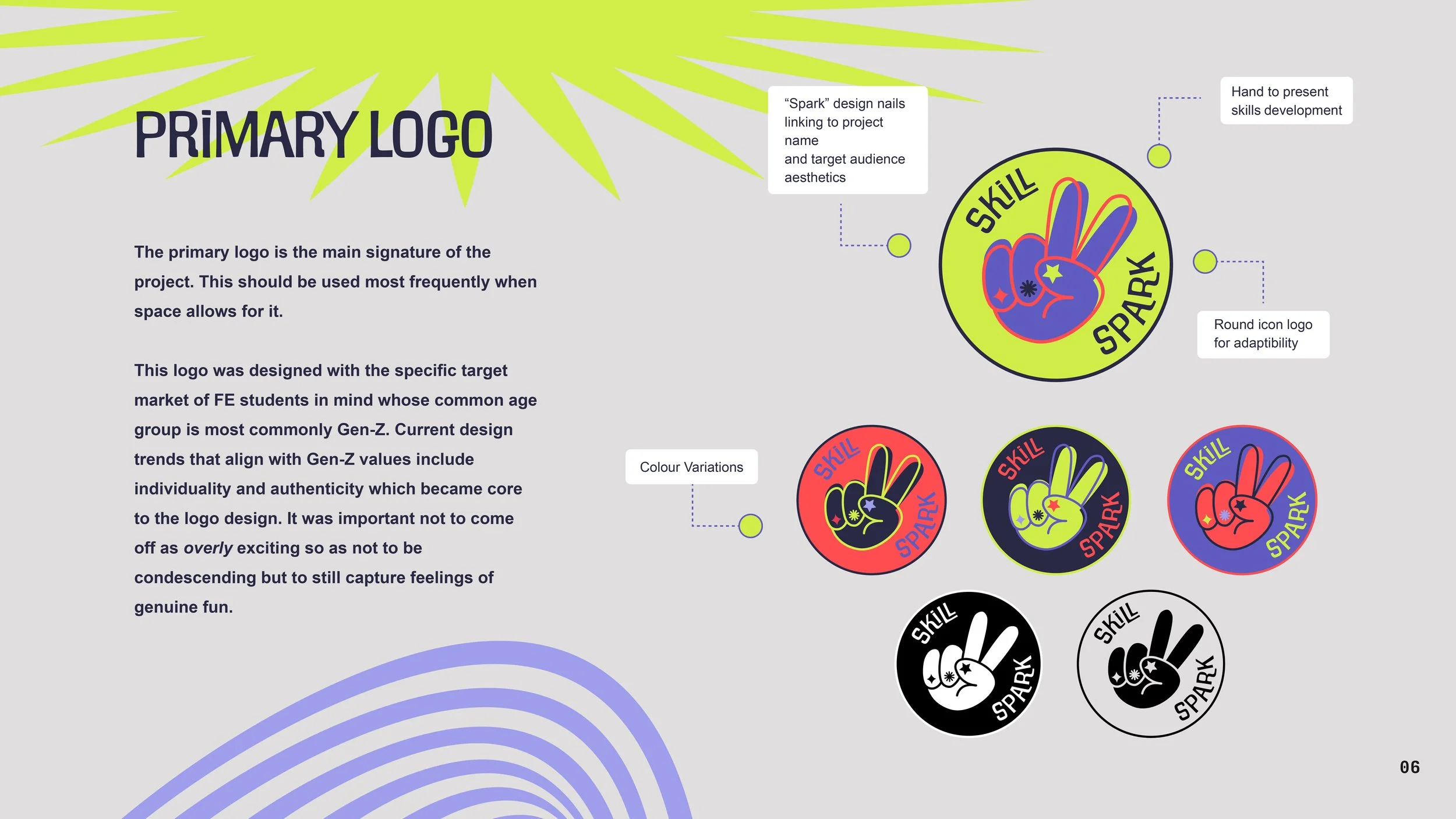 Design infographic explaining the primary logo concept which features a peace hand gesture with decorated fingers, surrounded by the words 'Skill' and 'Spark'. Different color variations of the logo are shown, including full color, red, black and whi