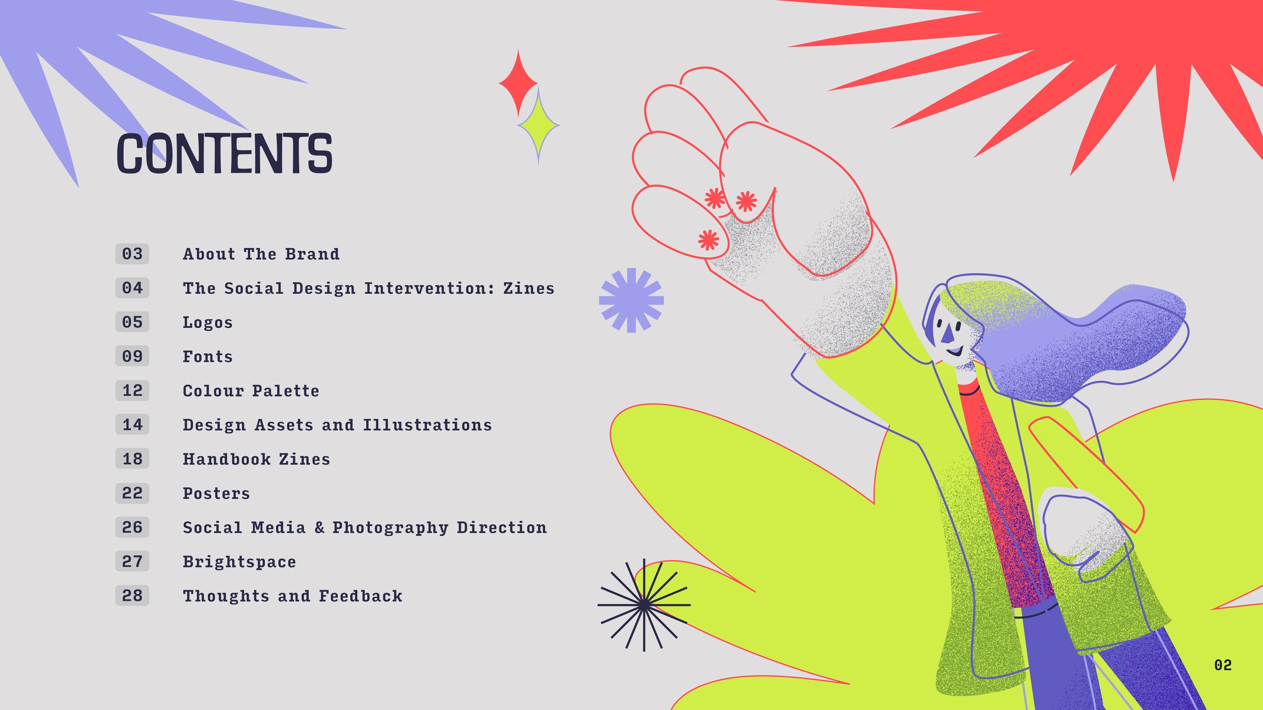 Table of contents page with animated artistic illustration of a girl with blue hair, wearing a lime green jacket and red shirt, holding a fist in the air, surrounded by colorful abstract shapes and bursts.