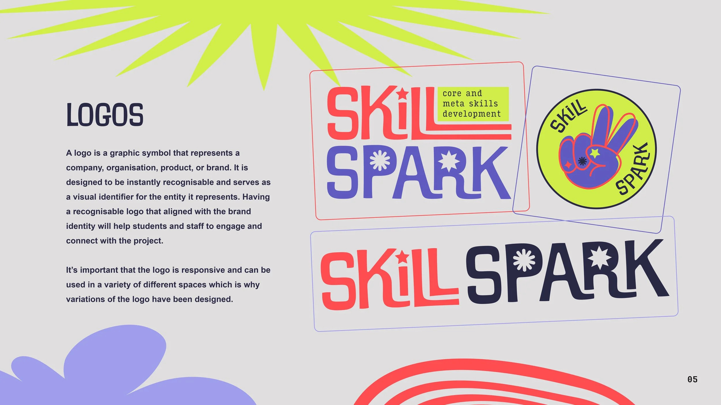Educational infographic explaining logos and showcasing different logo designs for Skill Spark, including text and visual elements like a hand making a peace sign, with colorful background accents.