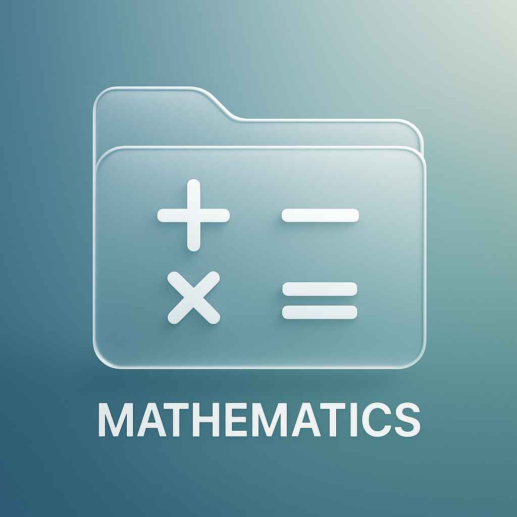 A digital illustration of a semi-transparent folder icon with mathematical symbols plus, minus, multiplication, and equal signs, with the word 'Mathematics' written below.