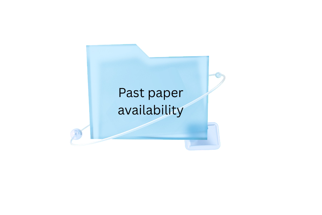 A blue folder labeled 'Past paper availability' with a white ring accessory, set against a black background.