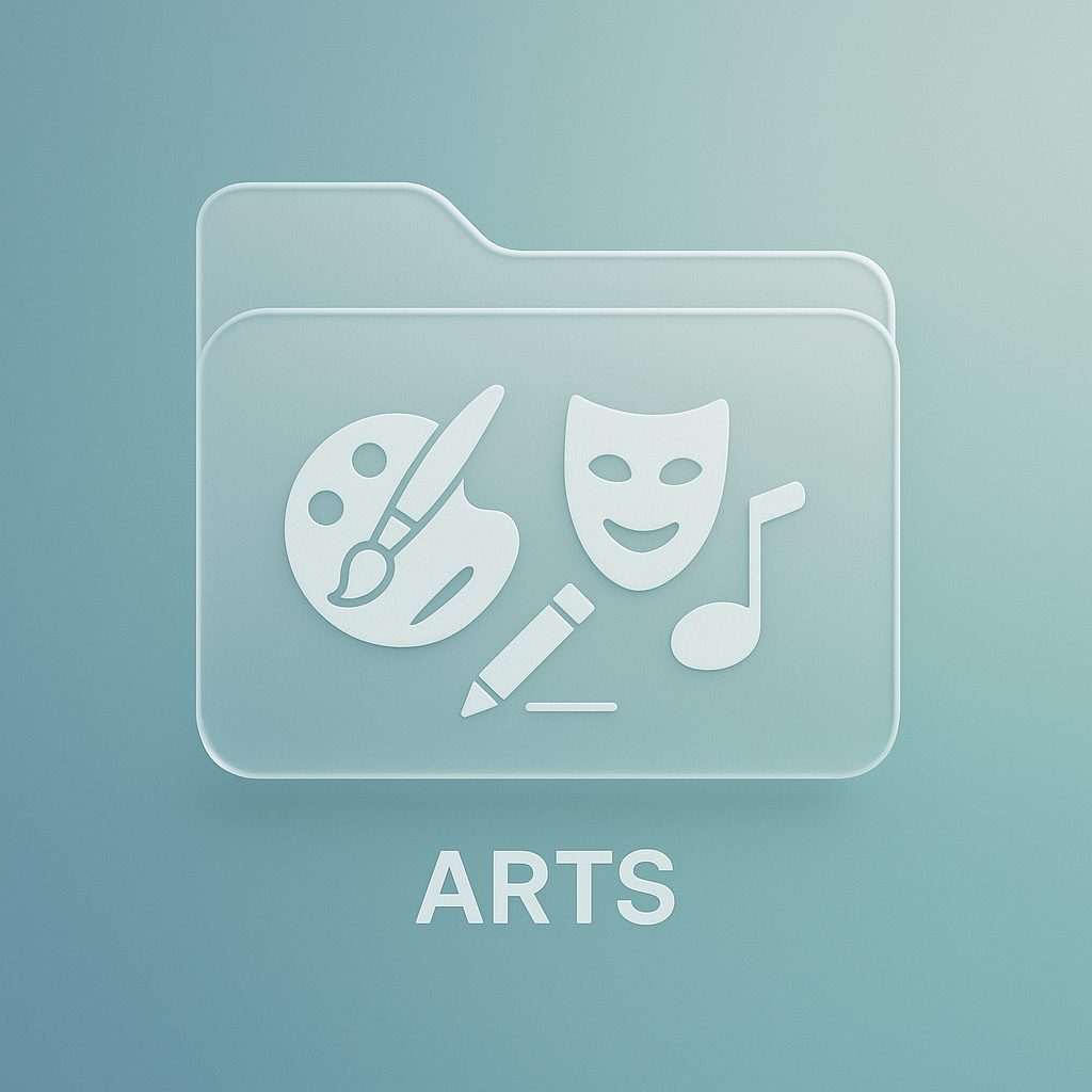 Illustration of a folder labeled 'ARTS' with icons of an artist palette, paintbrush, theatrical mask, music note, and marker inside.