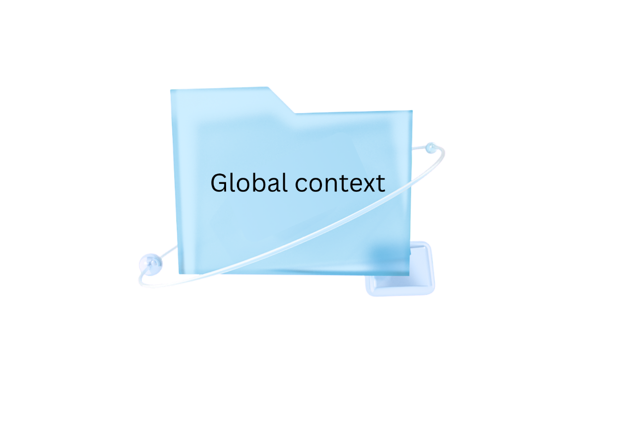 Light blue folder with the words 'Global context' on it, situated on a stand.