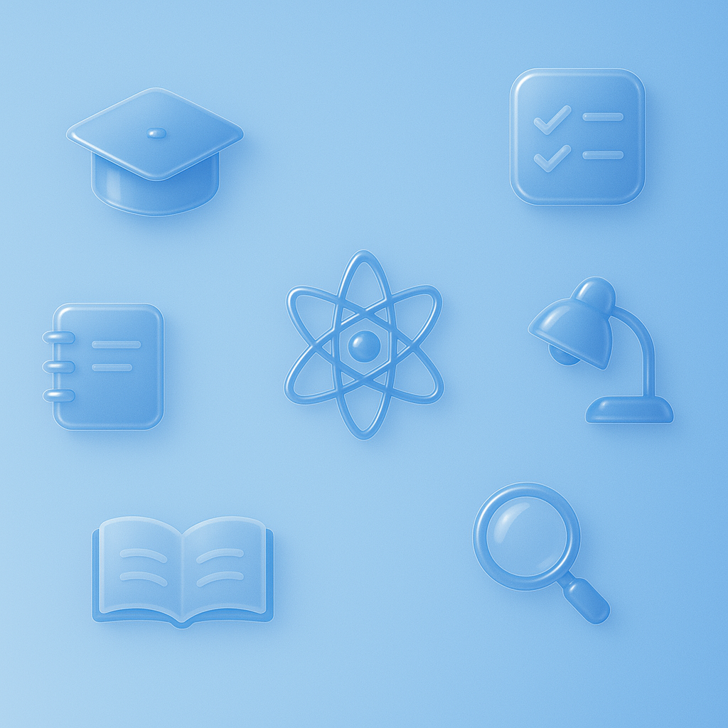 Digital illustration of educational icons, including a graduation cap, checklist, notebook, atom, desk lamp, open book, magnifying glass, and a checkmark inside a square, all in a blue monochrome style.