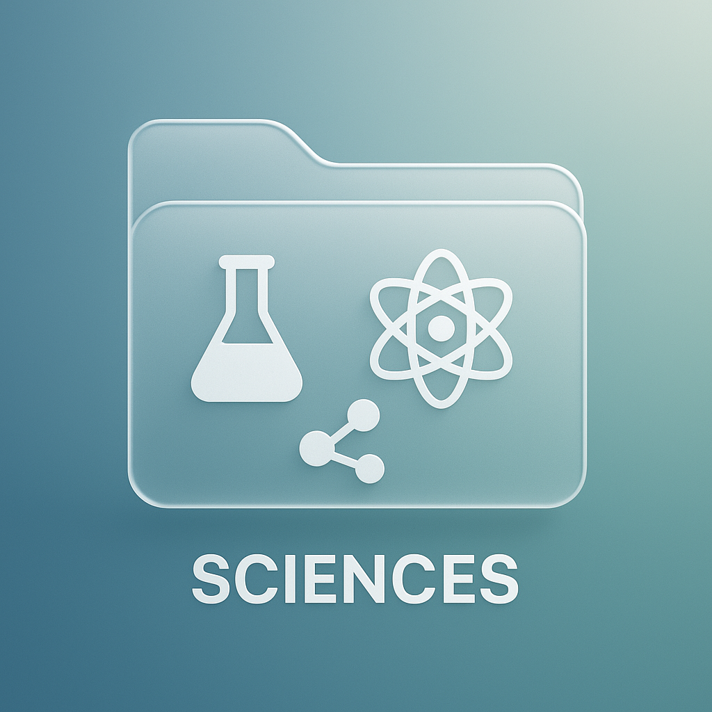 A digital icon of a folder labeled 'Sciences' with symbols of a laboratory flask, an atomic model, and a share icon, on a gradient blue background.
