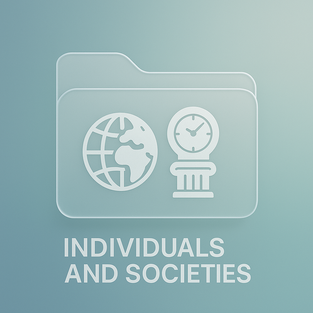 Illustration of a folder icon with a globe and a clock, labeled "Individuals and Societies."