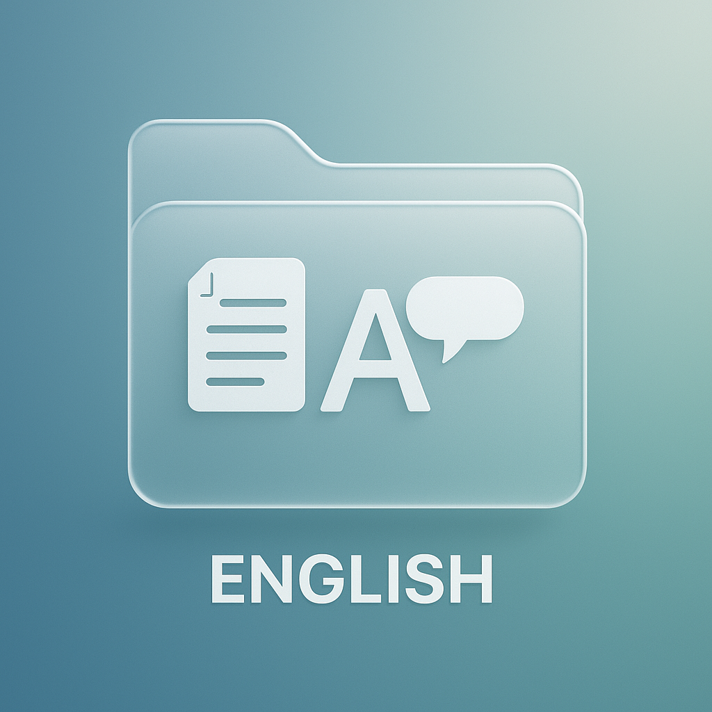 A graphic of a folder icon with an English language indicator, including a document and speech bubble, on a gradient blue background.