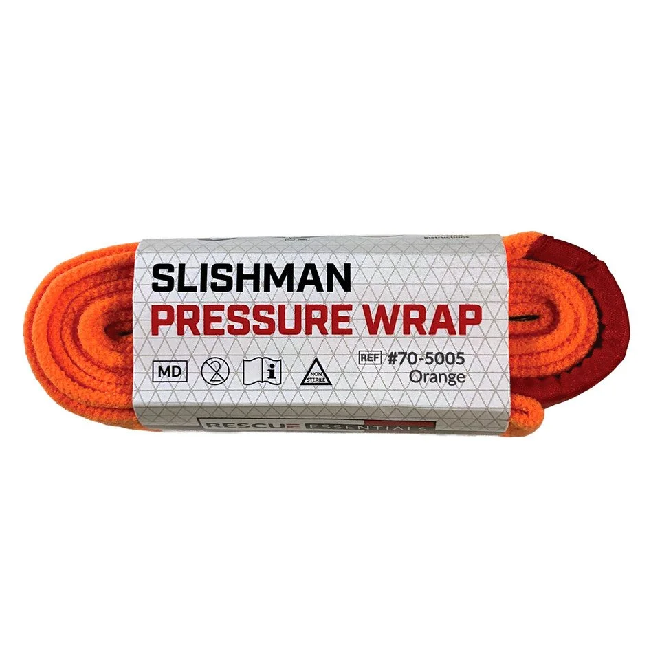 Slishman Pressure Wrap in orange – compact rolled design with belly-band packaging by Dr. Sam Slishman. One-handed direct pressure solution for bleeding control, sprains, and multi-use EMS applications. Educational product photo showing the ready-to-