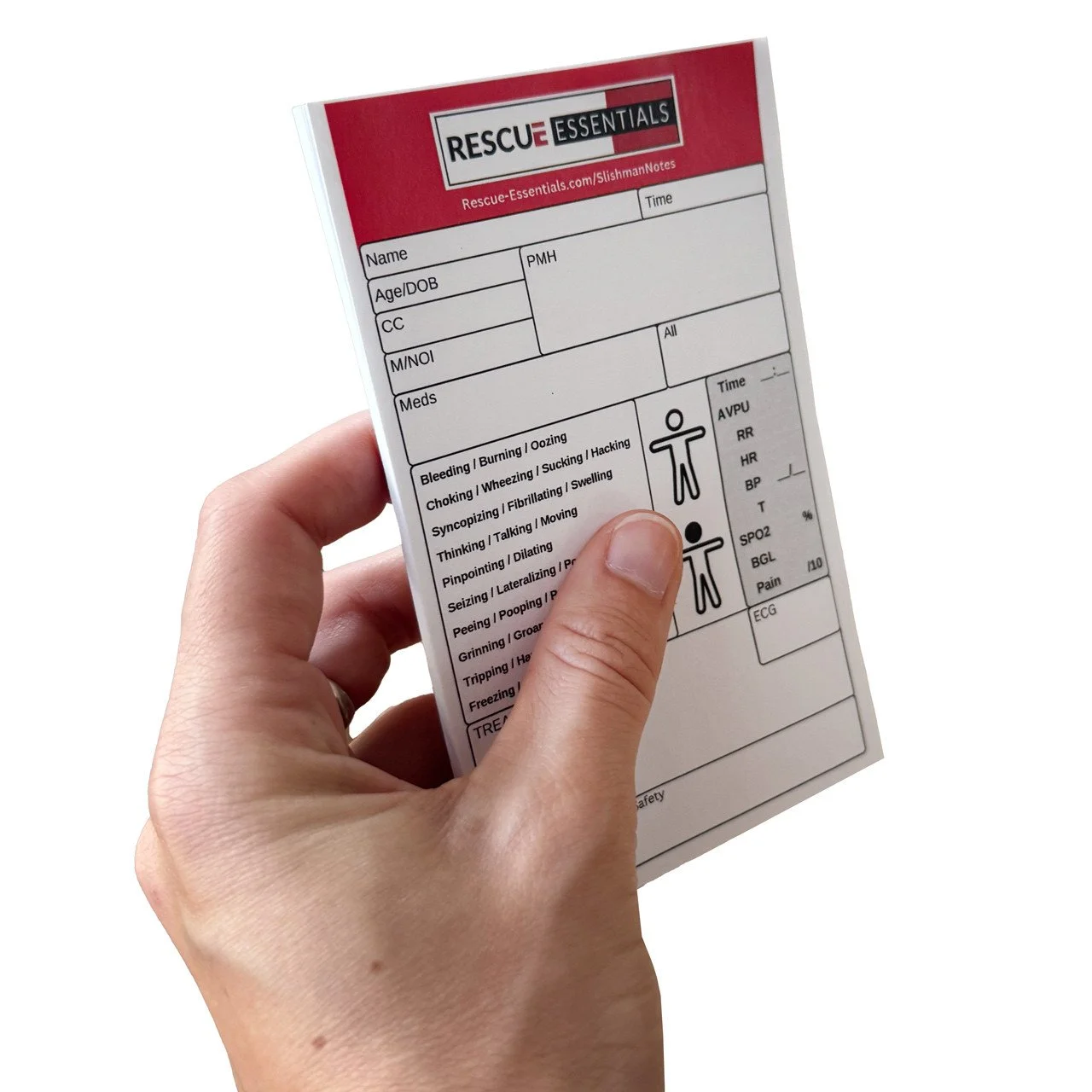 Slishman Notes 3×5 patient assessment notepad with Rescue Essentials header, held in hand.