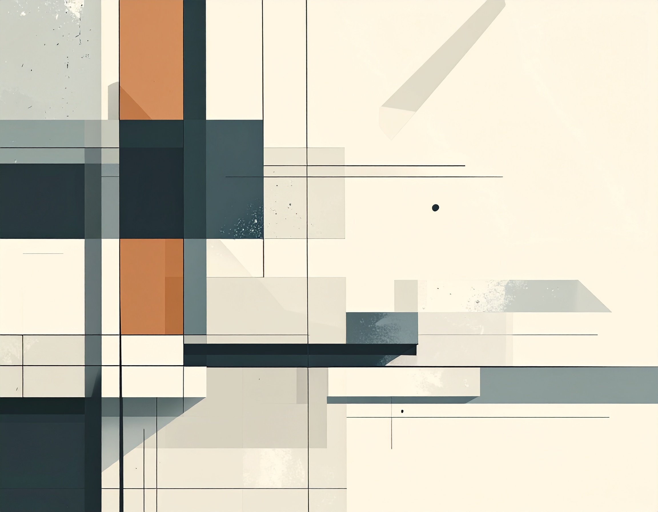 Abstract geometric painting with rectangles, lines, and splashes in shades of beige, gray, black, and burnt orange.