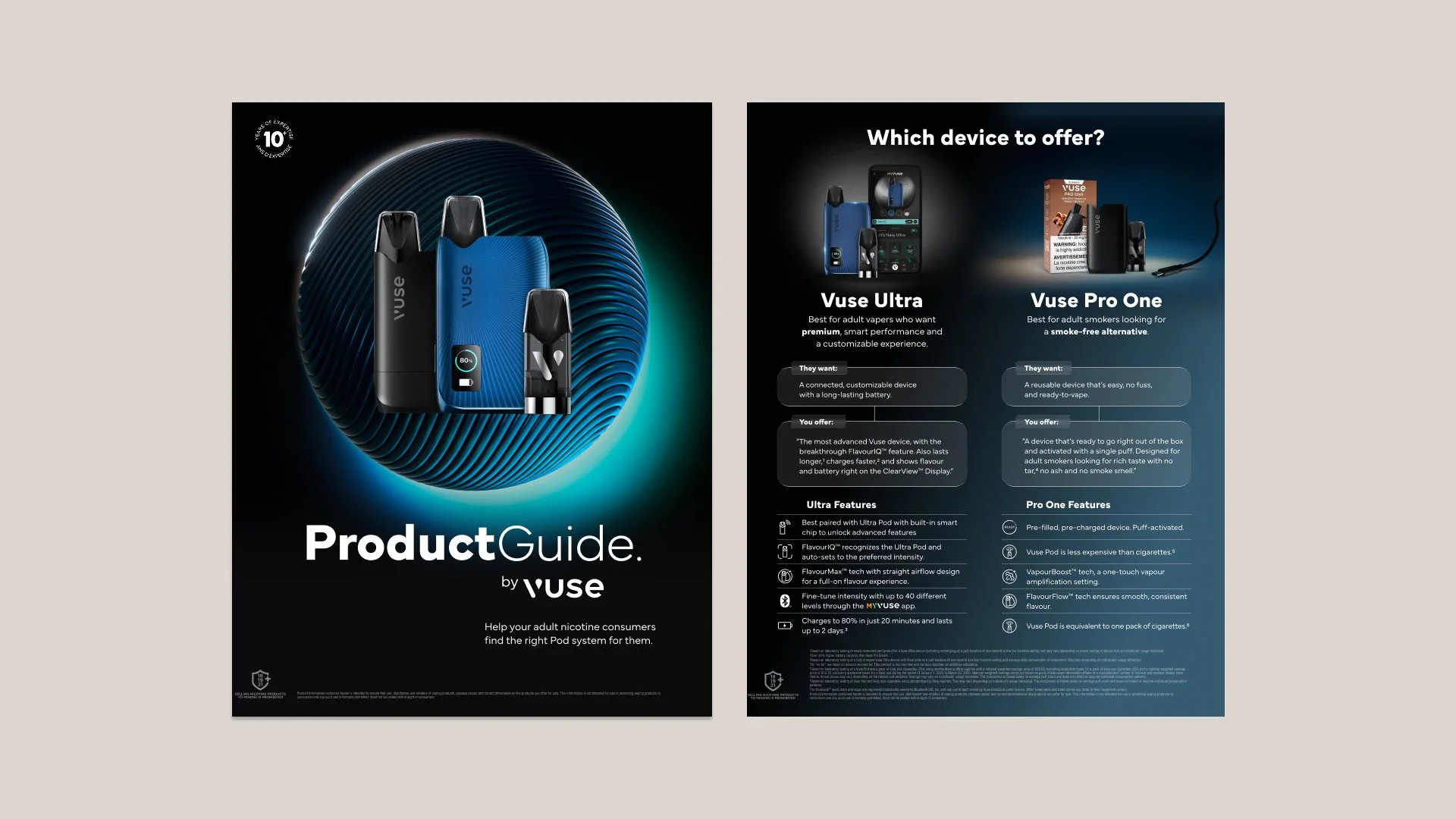 Product guide for Vuse vaping devices with two pages: the front cover features three Vuse devices on a dark blue and black background, and the back page compares Vuse Ultra and Vuse Pro One with images and feature descriptions.