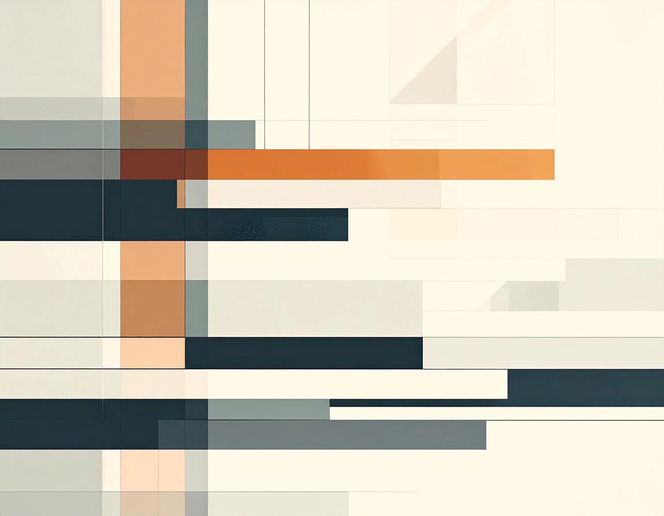Abstract geometric artwork with horizontal and vertical lines in shades of black, white, beige, peach, and gray.