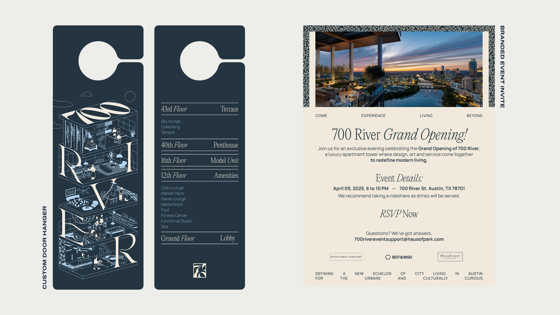 Invitation for the grand opening of 700 River apartment tower with a city view rooftop photo, event details, location in Austin, TX, and a diagram of the building's floors.