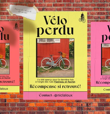 A lost bicycle poster on a brick wall. The poster has a yellow background with black text that reads 'Vélo perdu' and a photo of a light blue bicycle. There is additional text in French, and a contact handle '@nicalaloux' at the bottom.