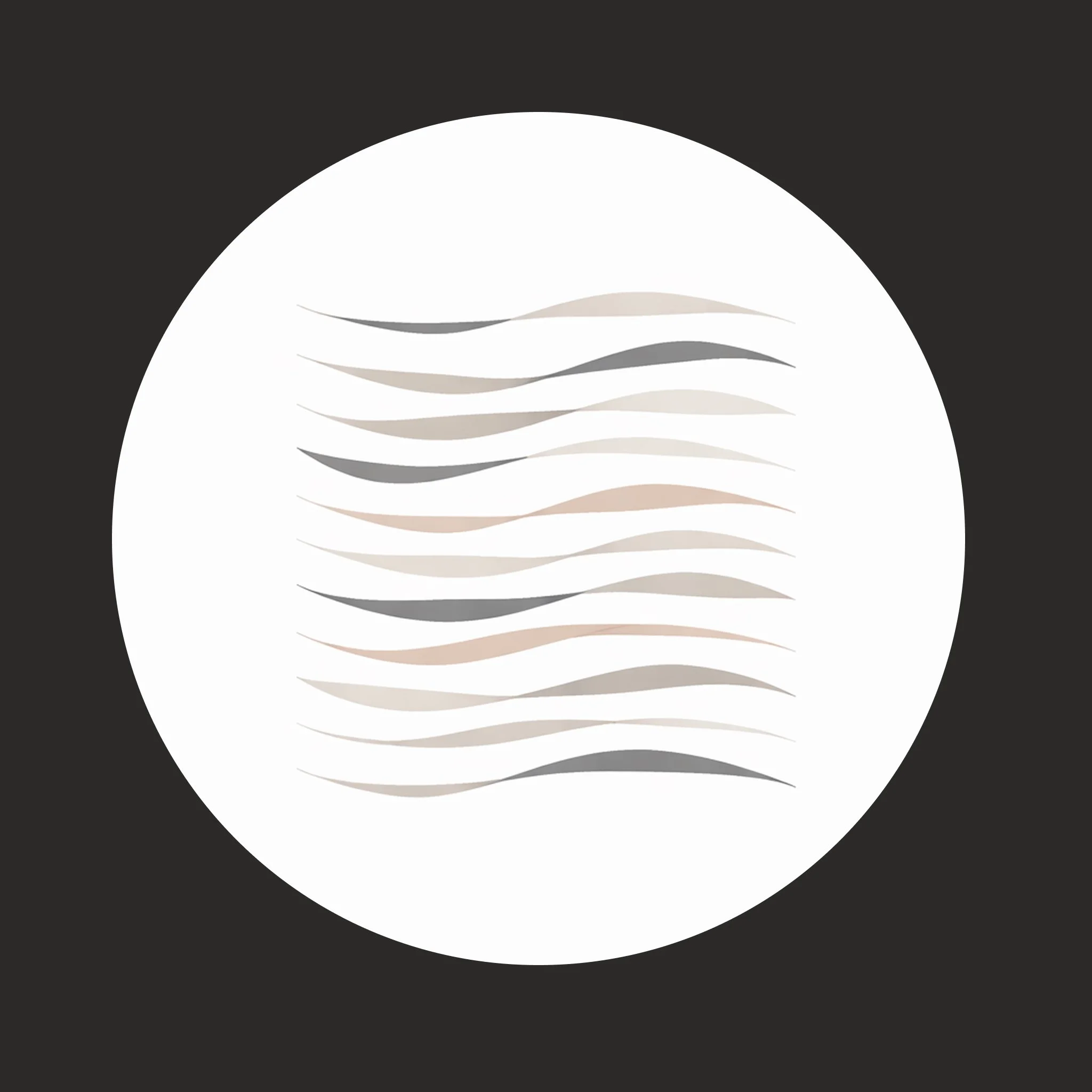 Abstract image with wavy lines in shades of gray and beige on a white circle, with a black background.
