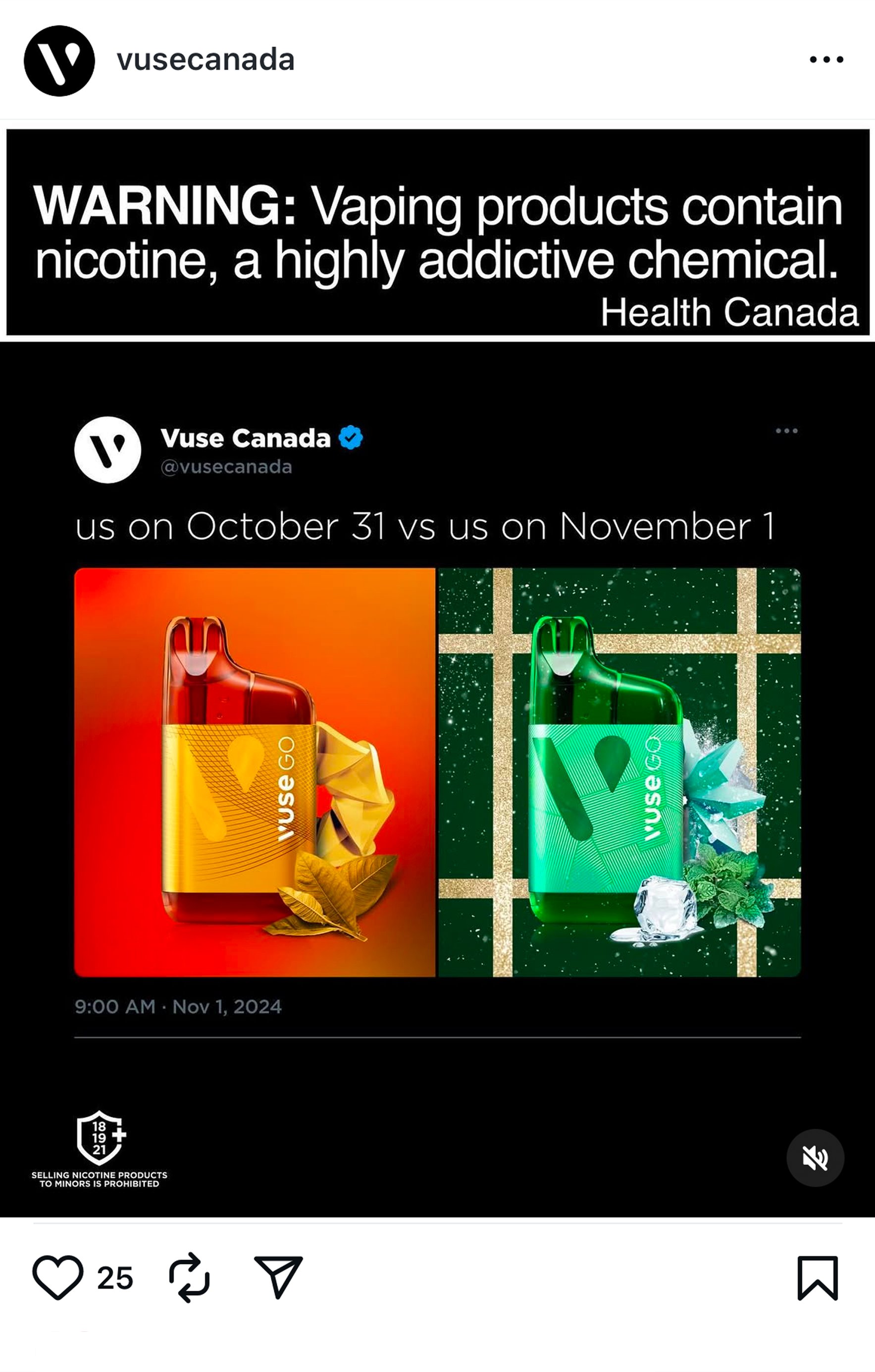 Comparison of two vaping products, one in red with seasonal leaves and one in green with snowflakes, illustrating usage on October 31 versus November 1.