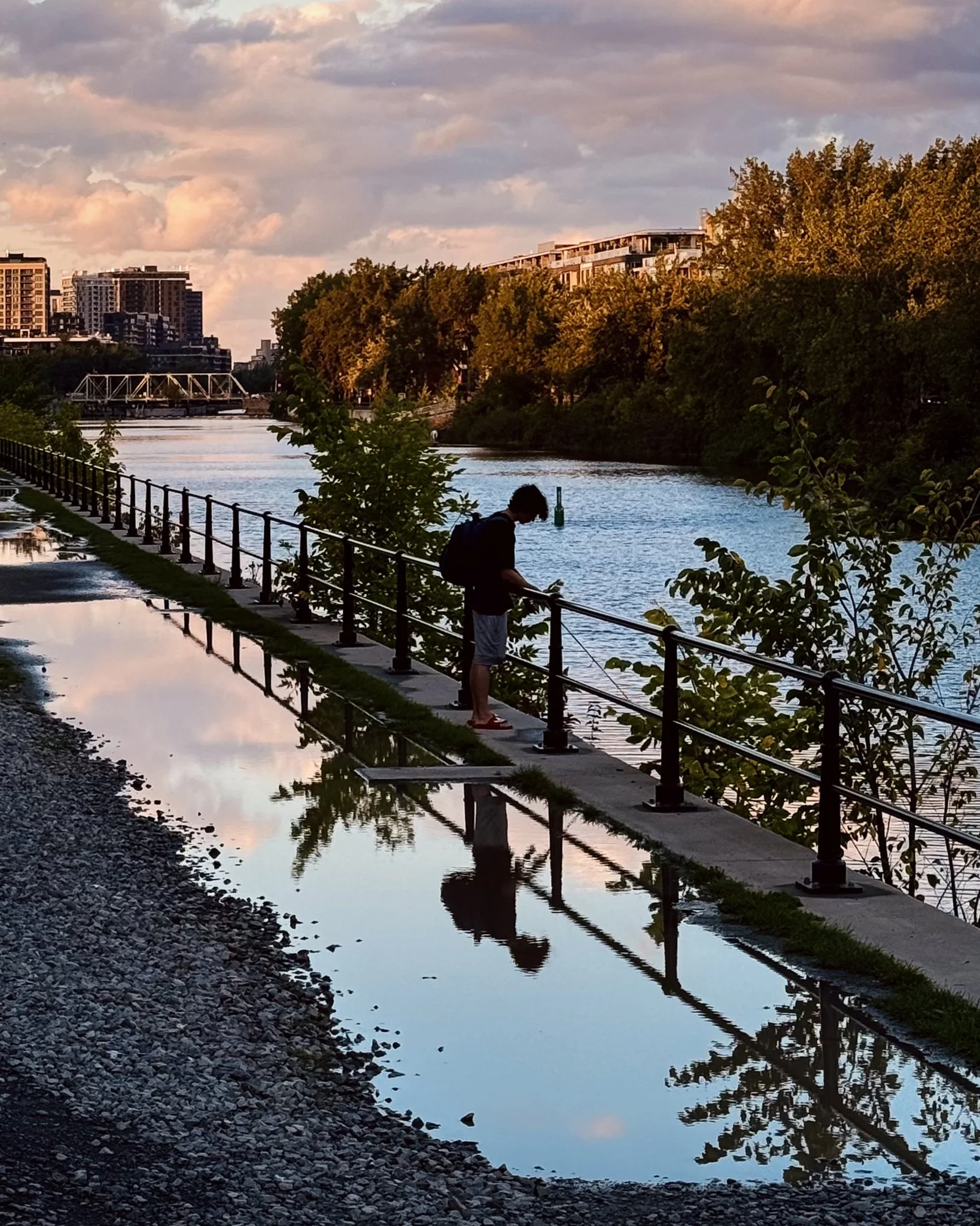 Person standing on a riverside walking path at sunset, looking at their phone, with city buildings in the background and a reflection of the sky in a puddle nearby.