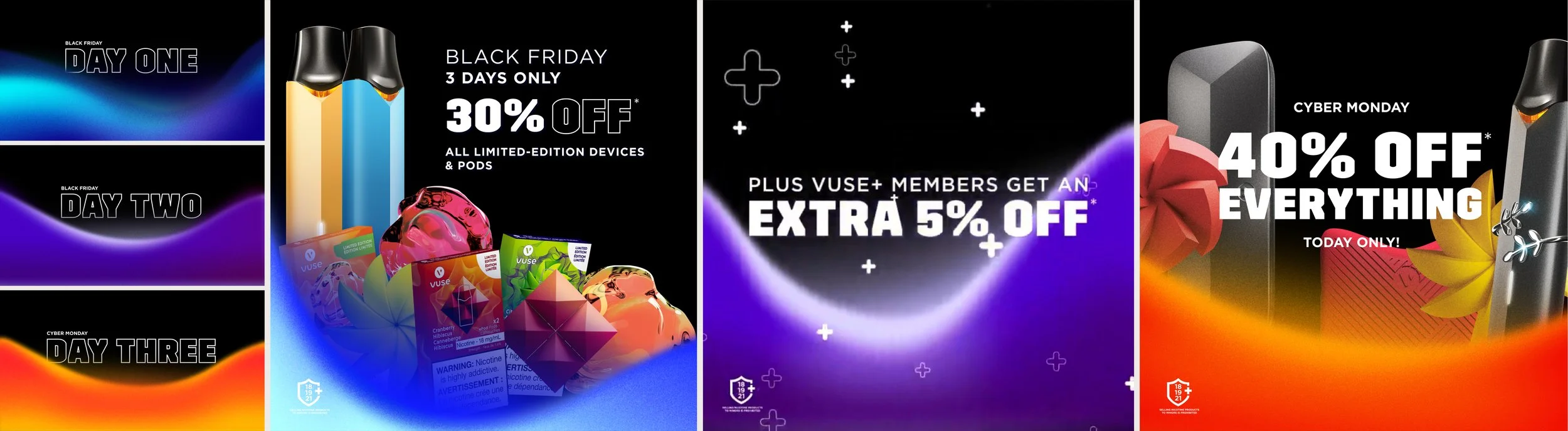 A series of sale advertisements for Black Friday and Cyber Monday deals featuring discounts on devices, pods, and other products, with colorful backgrounds and promotional text.