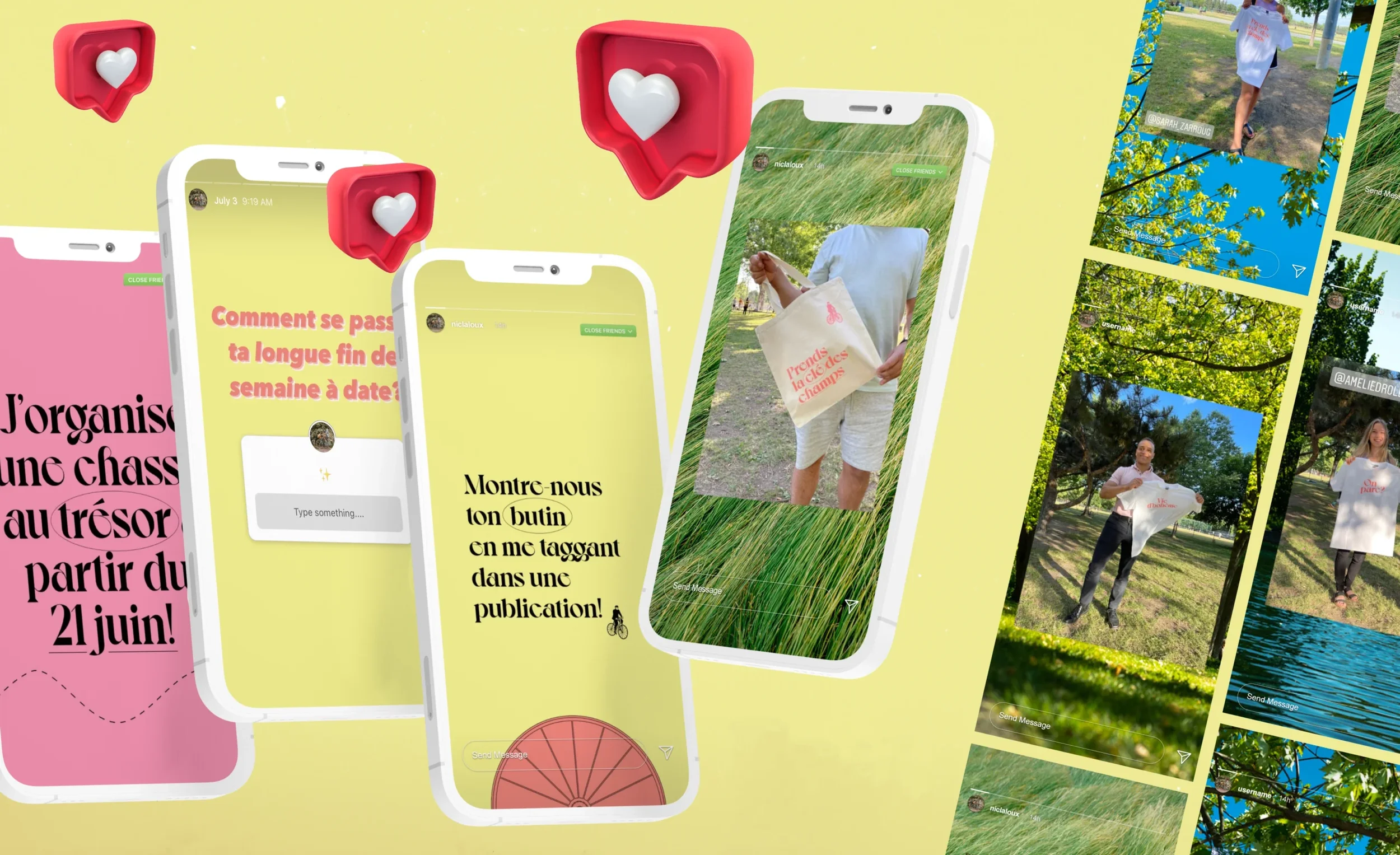 A collage of multiple smartphone screens showing social media posts, photos of people outdoors, and text in French, with a background of trees and nature scenes.
