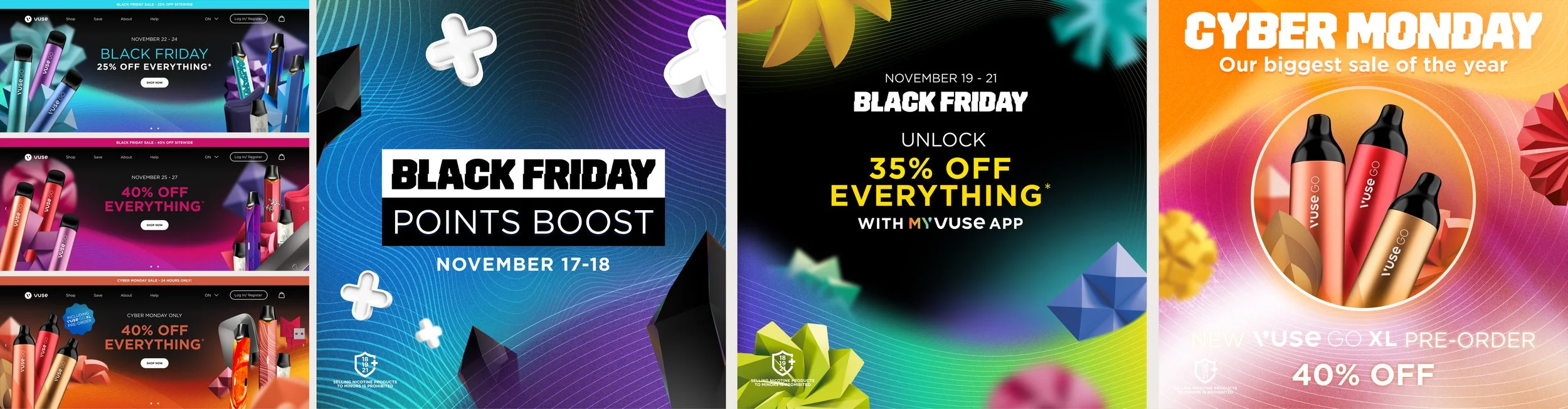 Digital collages of online advertisements showcasing various sales and discounts for beauty and electronic products, with date ranges and percentage-off offers on backgrounds with vibrant colors and geometric designs.