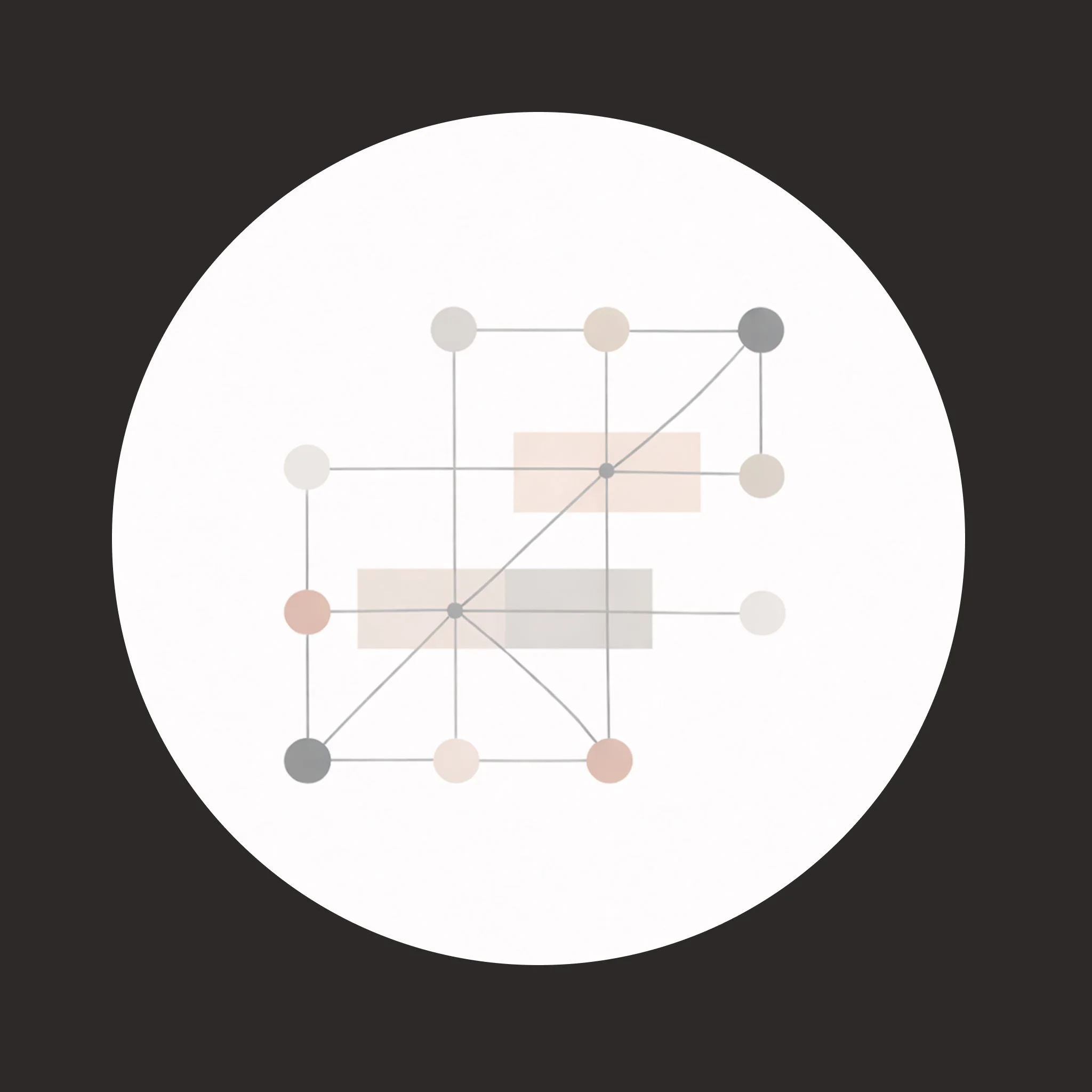 Graph with nodes and lines overlaid on a white circular background, with shaded rectangular areas.