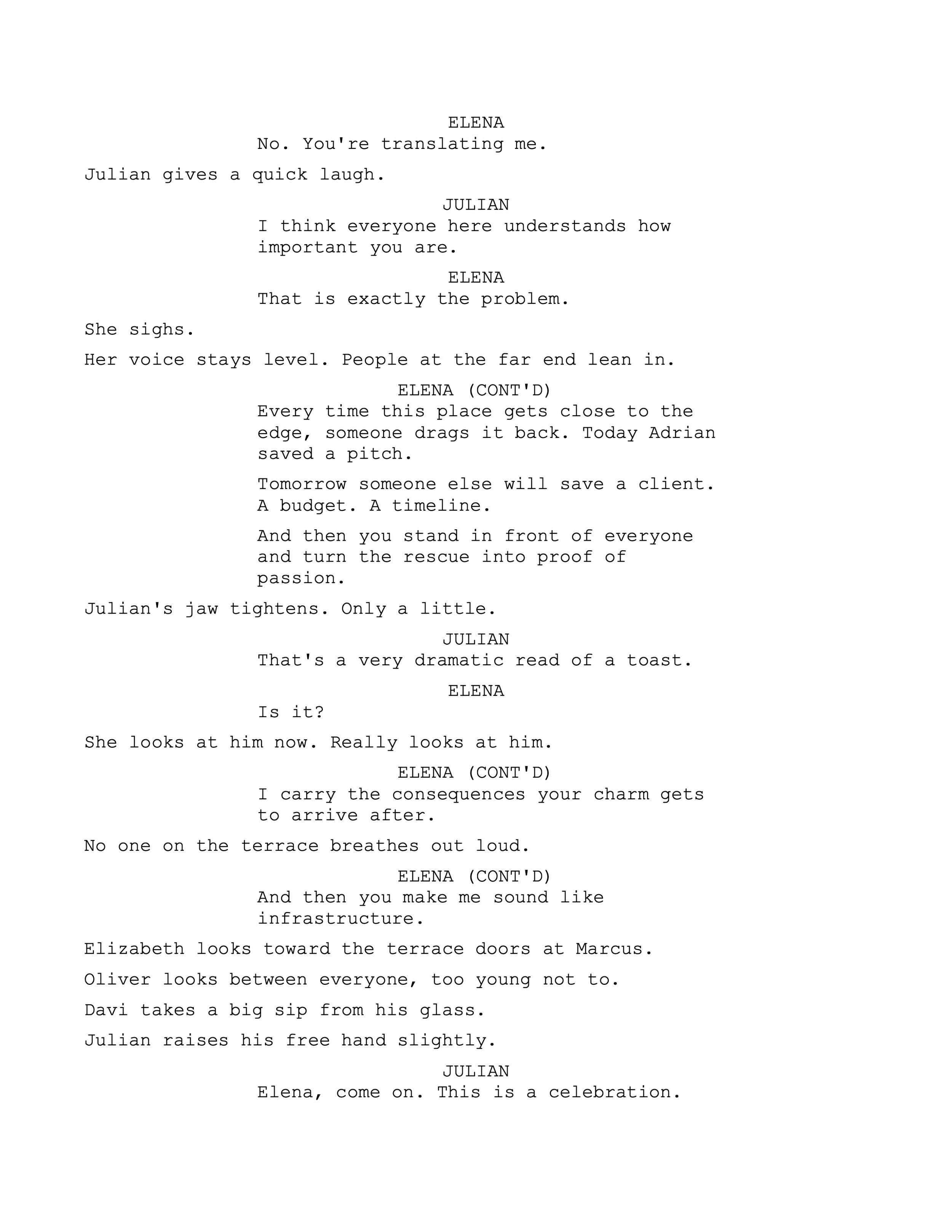A script page with dialogue and scene description from original teleplay, Glasshouse by Synden Hope-Johnston