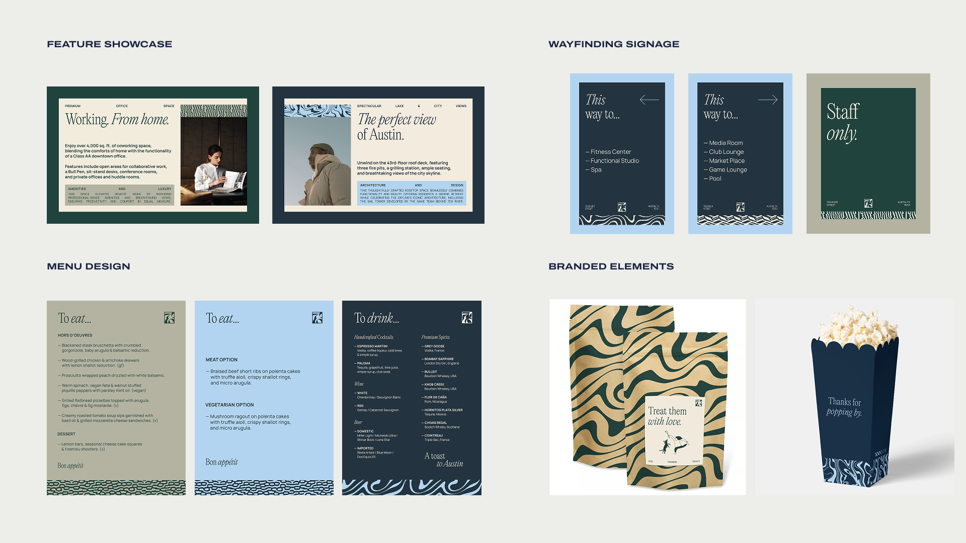 A visual presentation of branding and marketing design elements for a business, including feature showcase, wayfinding signage, menu design, and branded elements such as packaging for popcorn, with various layouts and text.