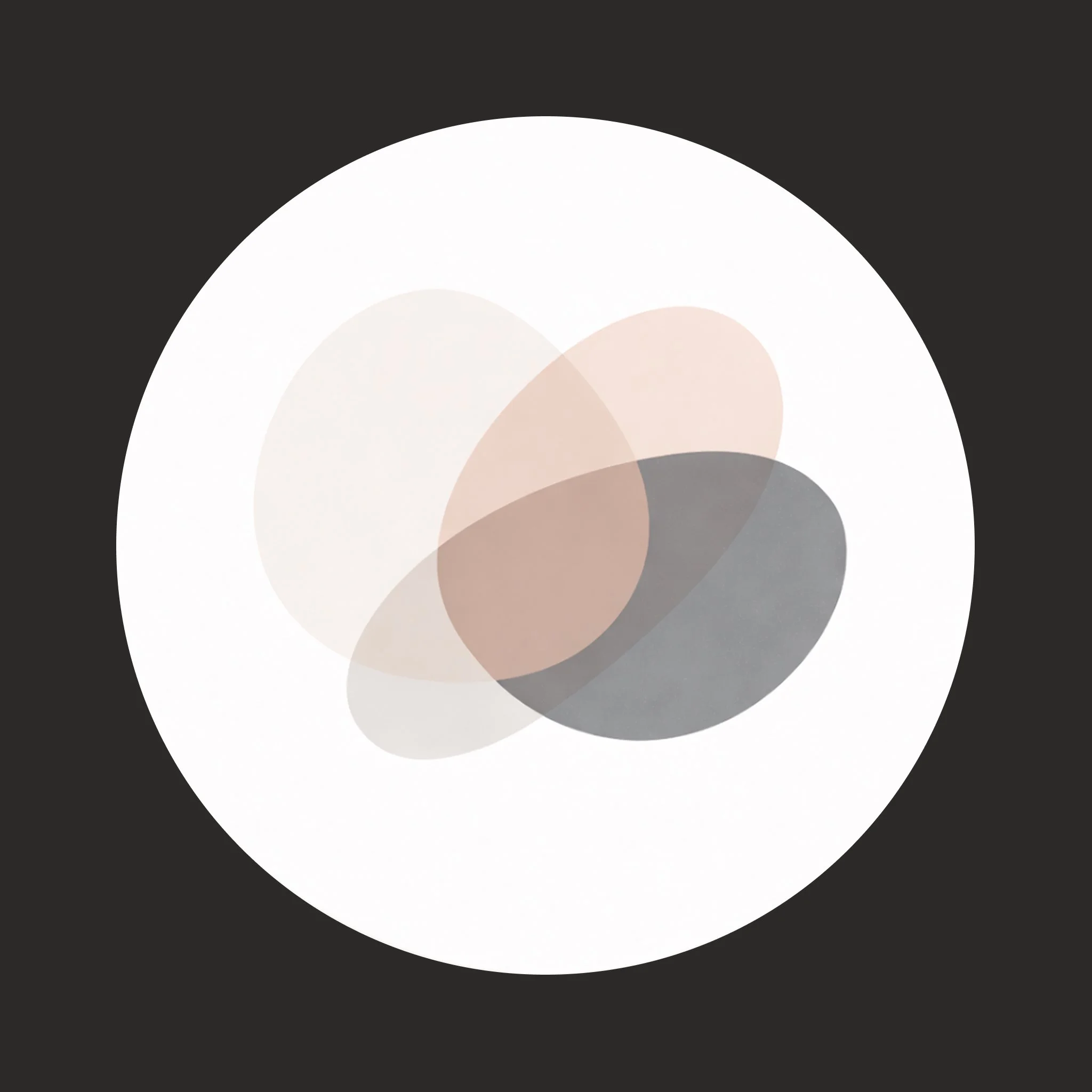 Abstract overlapping circles in beige, brown, gray, and white on a black background.