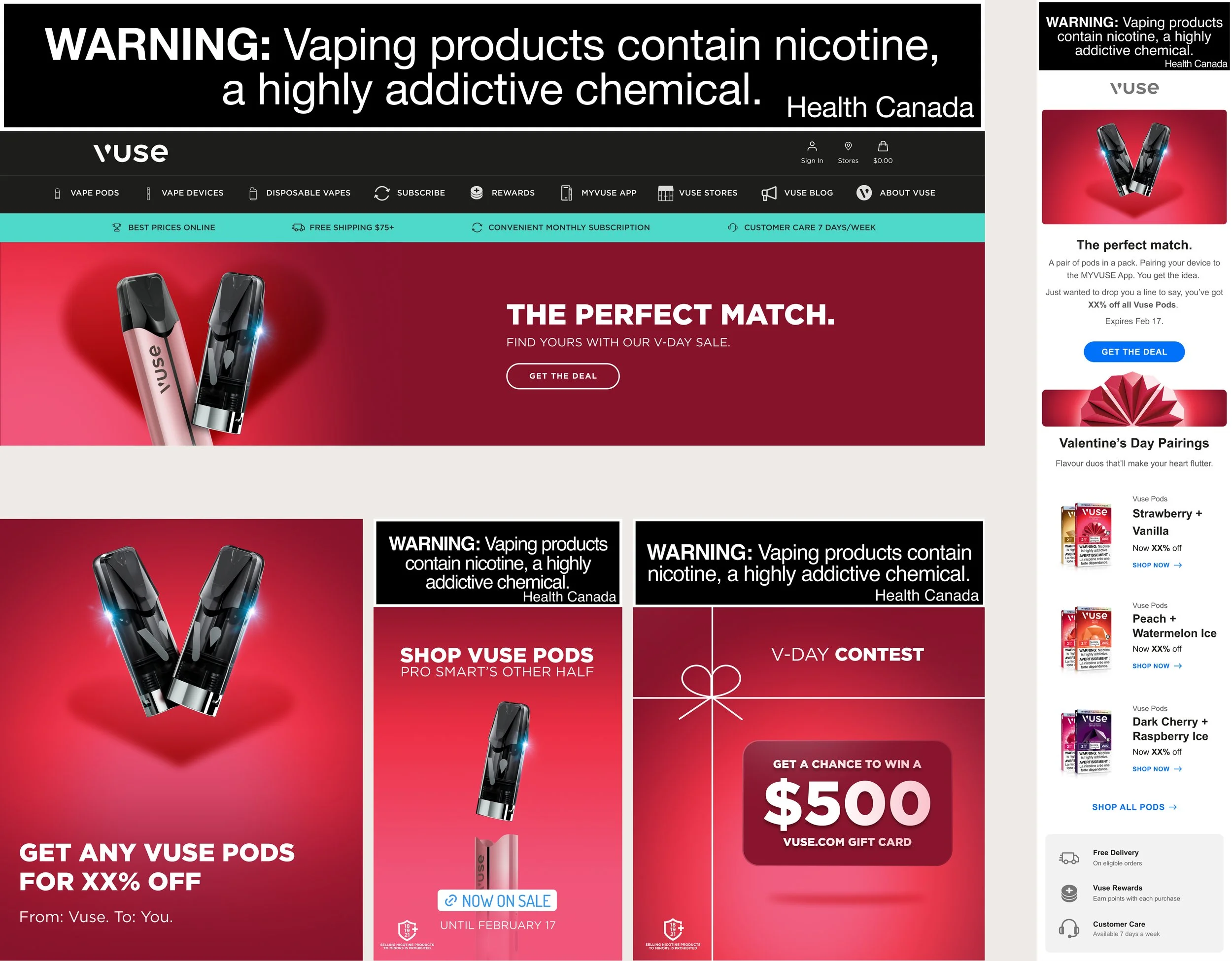 Screenshot of Vuse vaping products website with a large banner at the top illustrating two Vuse pods, alongside promotional information about discounts, contests, Valentine's Day pairings, and deals on vaping products.