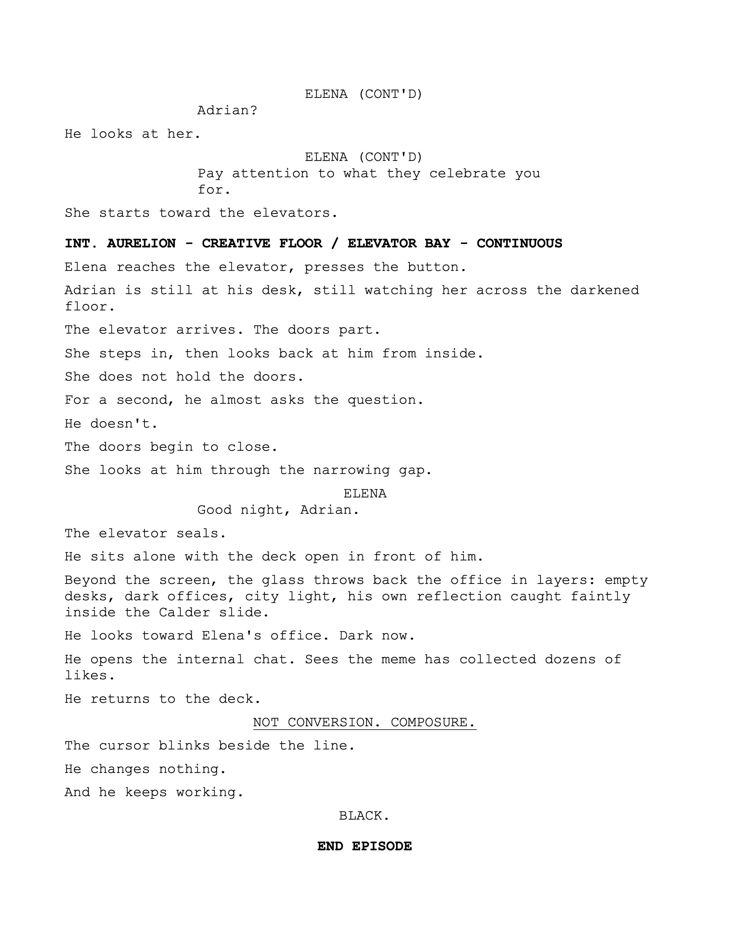 A script page with dialogue and scene description from original teleplay, Glasshouse by Synden Hope-Johnston
