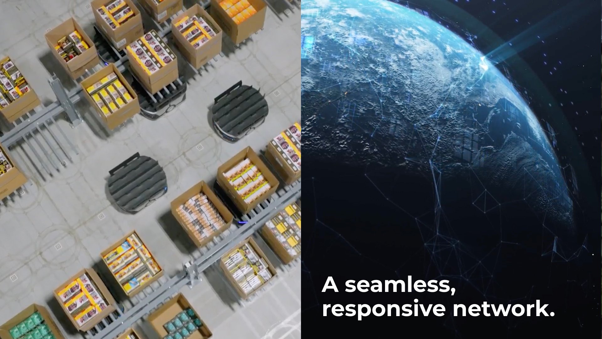An overhead view of shelves with boxes of products in a warehouse or store, adjacent to a digital graphic of Earth with interconnected lines, with the caption "A seamless, responsive network."