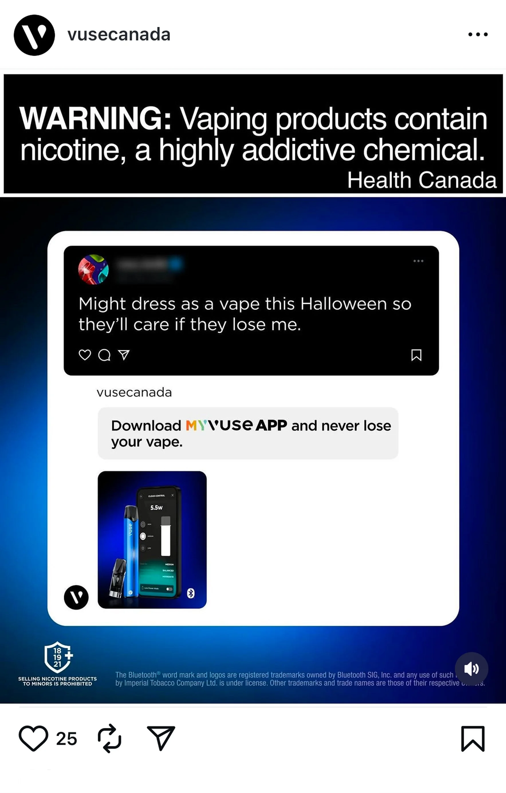 A social media post warning that vaping products contain nicotine, indicating that nicotine is a highly addictive chemical. The post promotes the MY VUSE app for managing vaping devices and shows an image of a vaping device and a smartphone app interface.