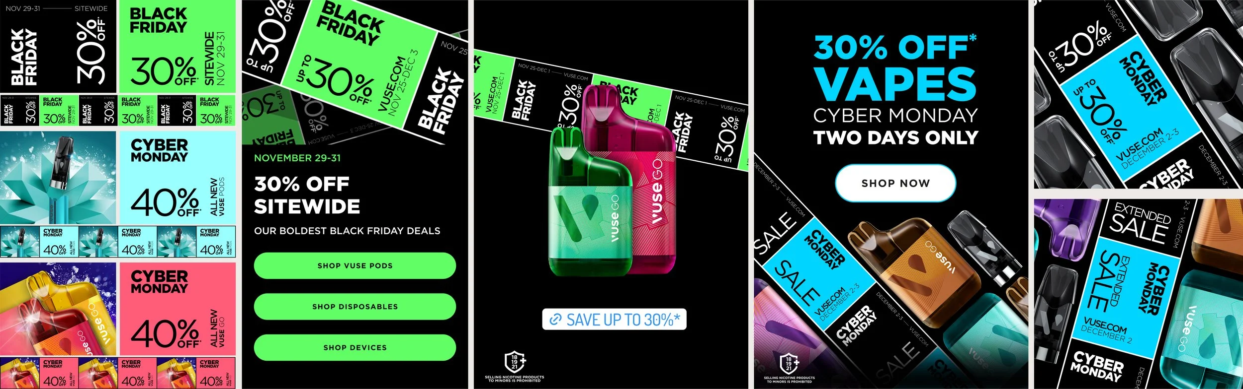 A collage of Black Friday and Cyber Monday sale advertisements for vape products. The ads feature discounts such as 30% off sitewide, 40% off on new Vuse Pods, and up to 30% off cyber deals, with various colored backgrounds, vape device images, and promotion dates.